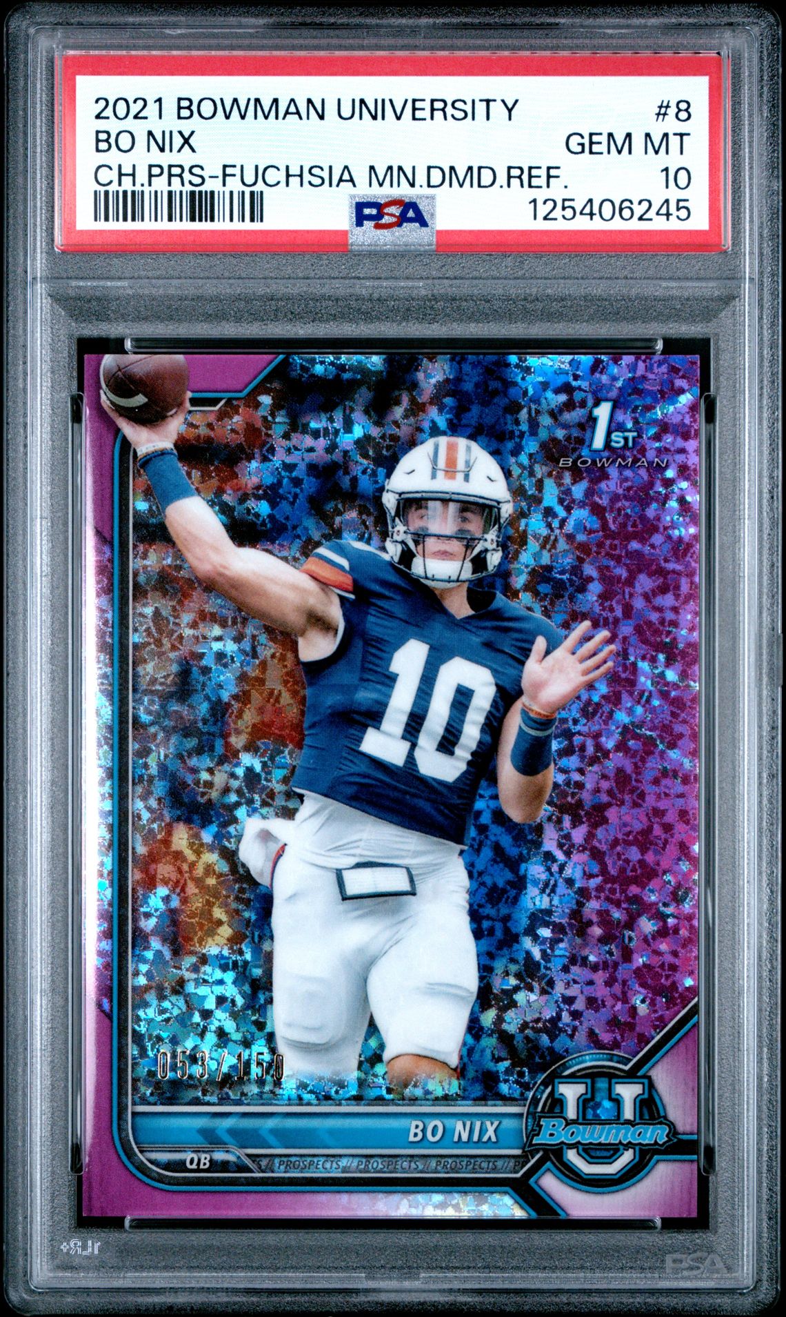 2021 Bowman University Chrome Prospects Bo Nix #8 (Ch.prs-Fuchsia Mn.dmd.ref.) Gem Mt 10 front