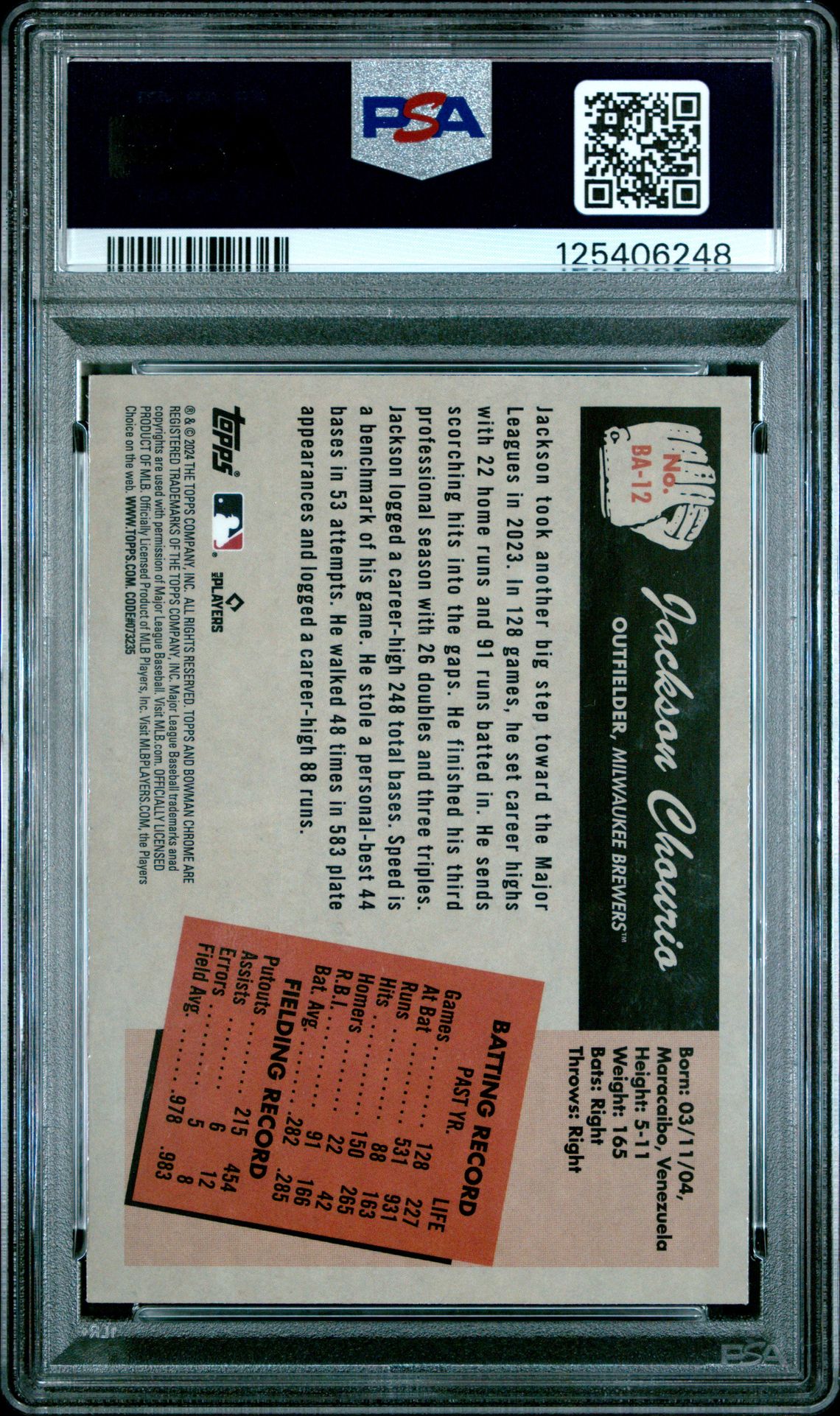 2024 Bowman 1955 Bowman Anime Jackson Chourio #Ba12 Gem Mt 10 back