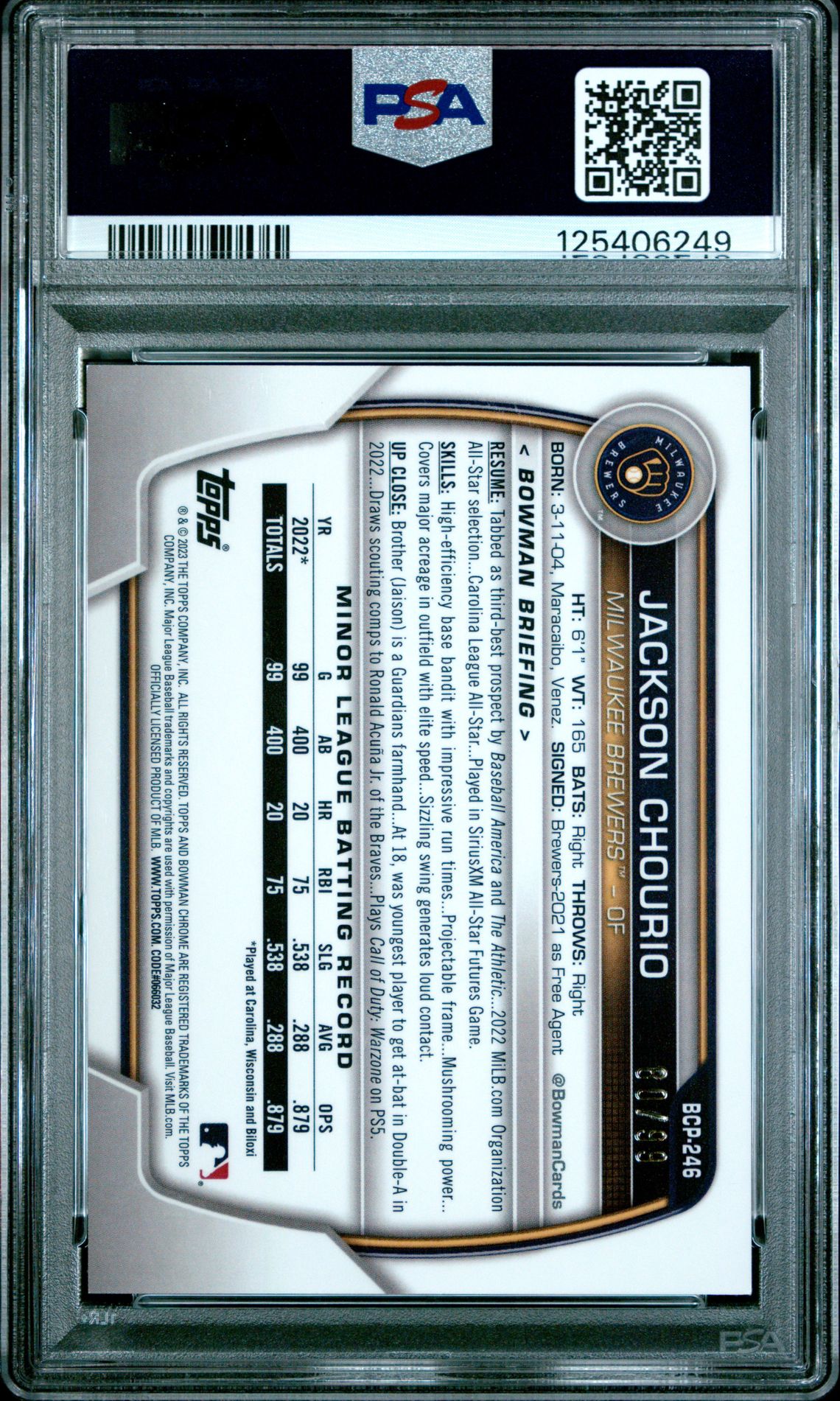 2023 Bowman Mega Box Chrome Jackson Chourio #246 (Green Refractor) Gem Mt 10 back