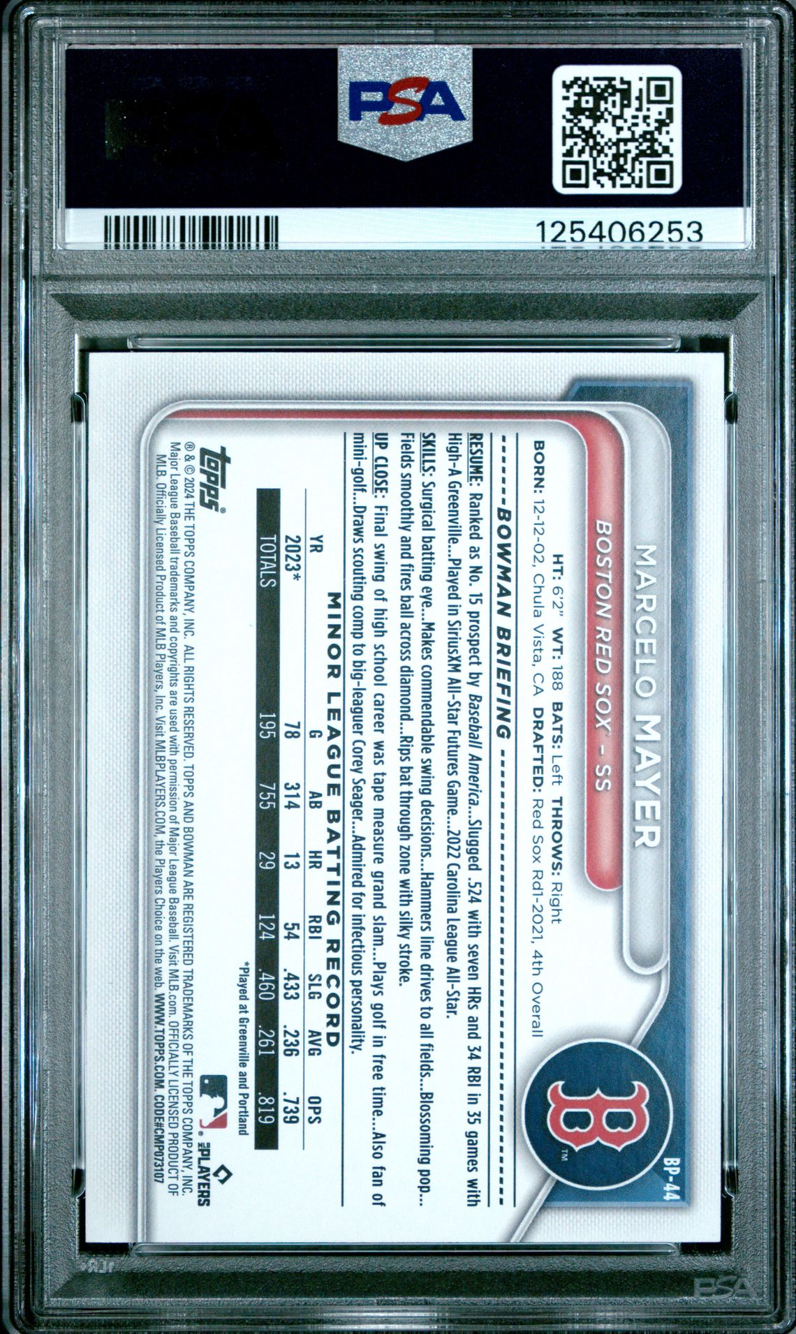 2024 Bowman Paper Prospects Marcelo Mayer #Bp44 (Paper Prospects-Gold) Mint 9 back