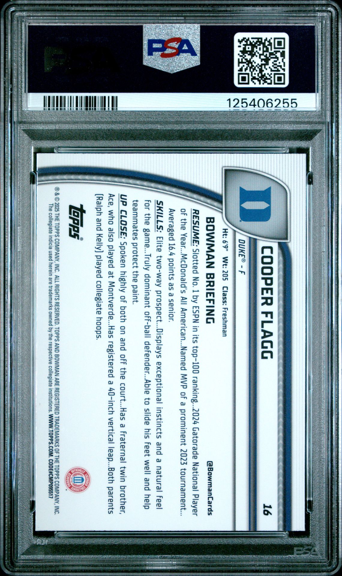 2024 Bowman Chrome University Cooper Flagg #16 (Black Wave) Gem Mt 10 back