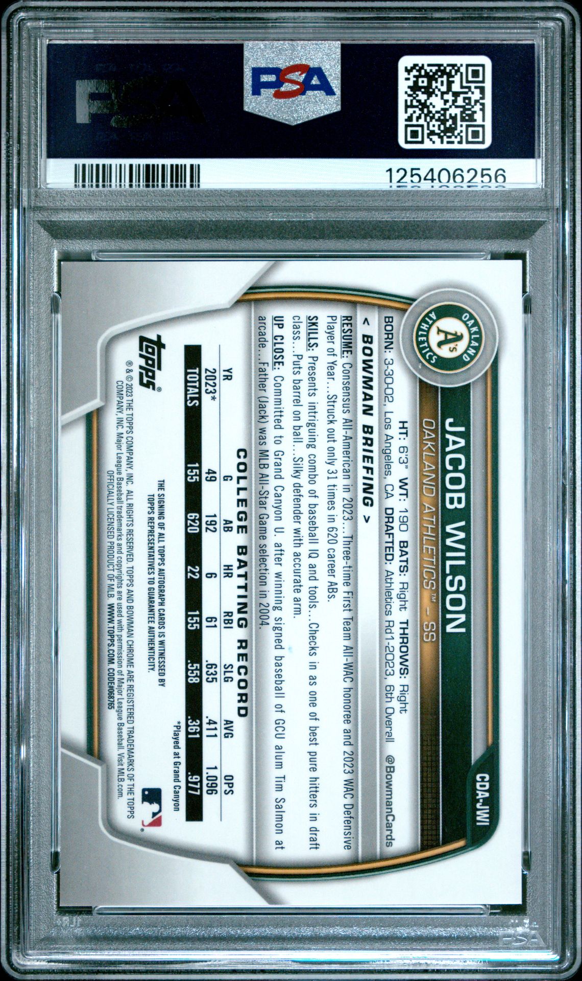 2023 Bowman Draft Chrome Prospect Autograph Jacob Wilson #Cdajwi Gem Mt 10 back view - PSA certificate #125406256