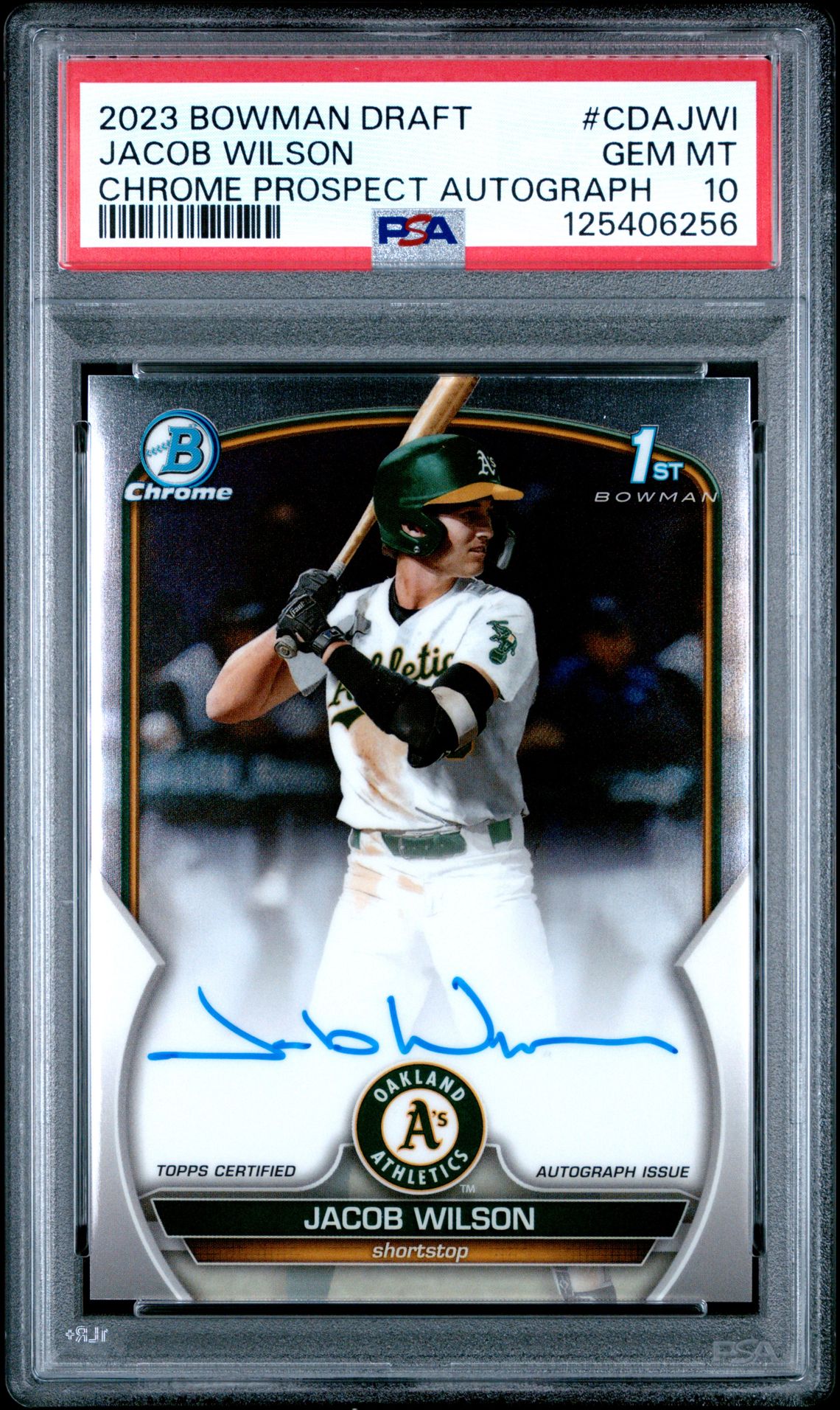 2023 Bowman Draft Chrome Prospect Autograph Jacob Wilson #Cdajwi Gem Mt 10 front view - PSA graded GEM MT 10