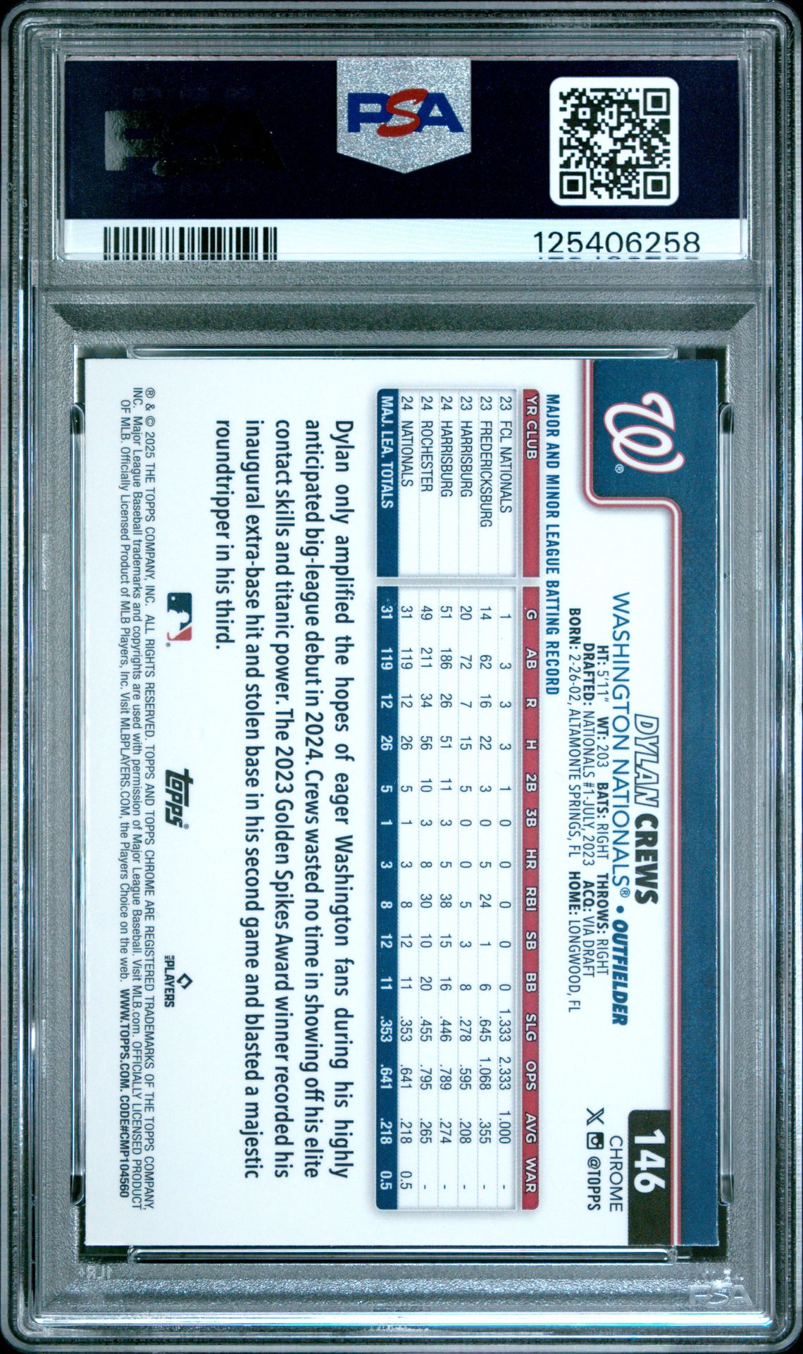 2025 Topps Chrome Dylan Crews #146 (Variation) Gem Mt 10 back