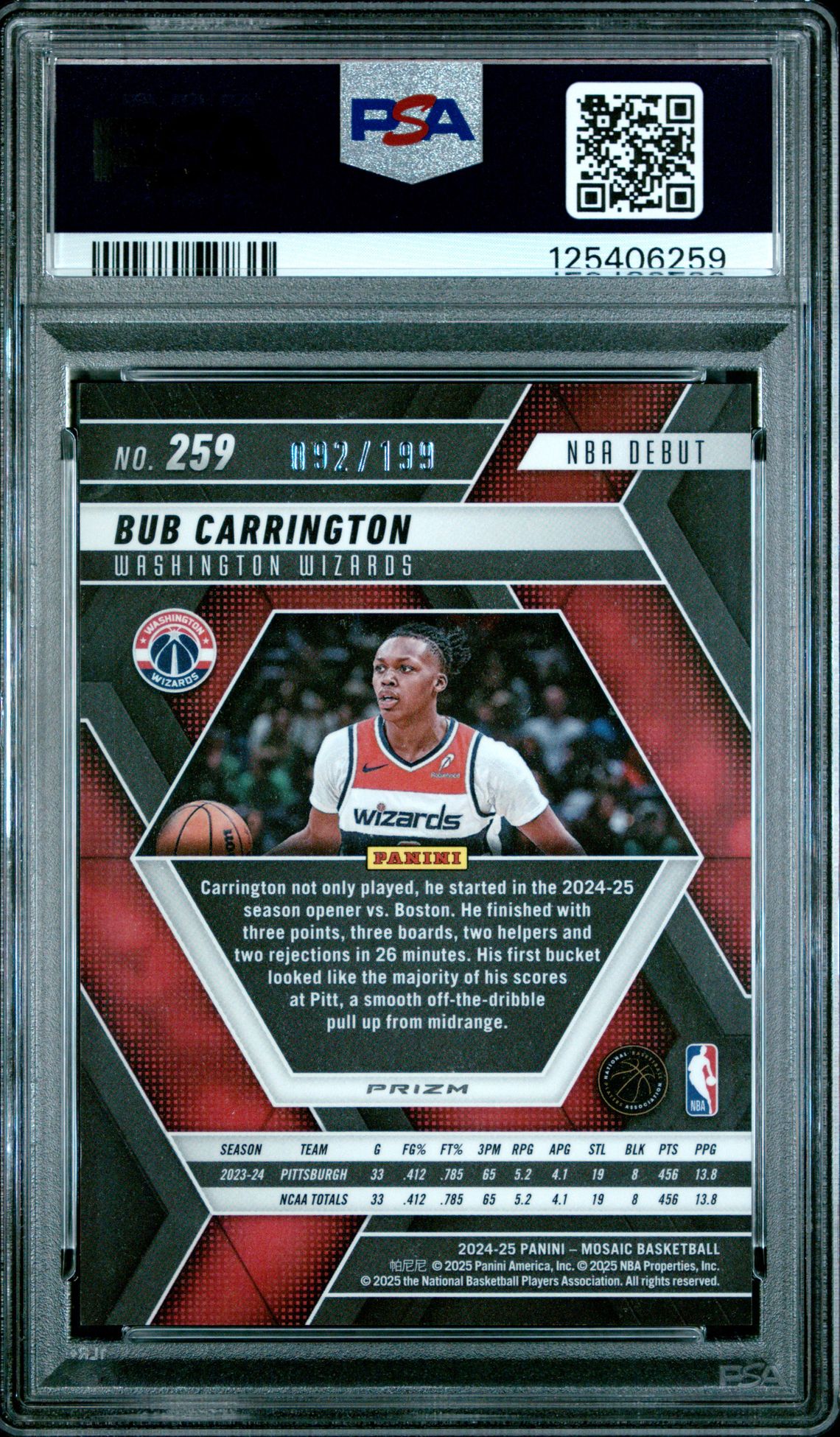 2024 Panini Mosaic Bub Carrington #259 (Blue) Gem Mt 10 back