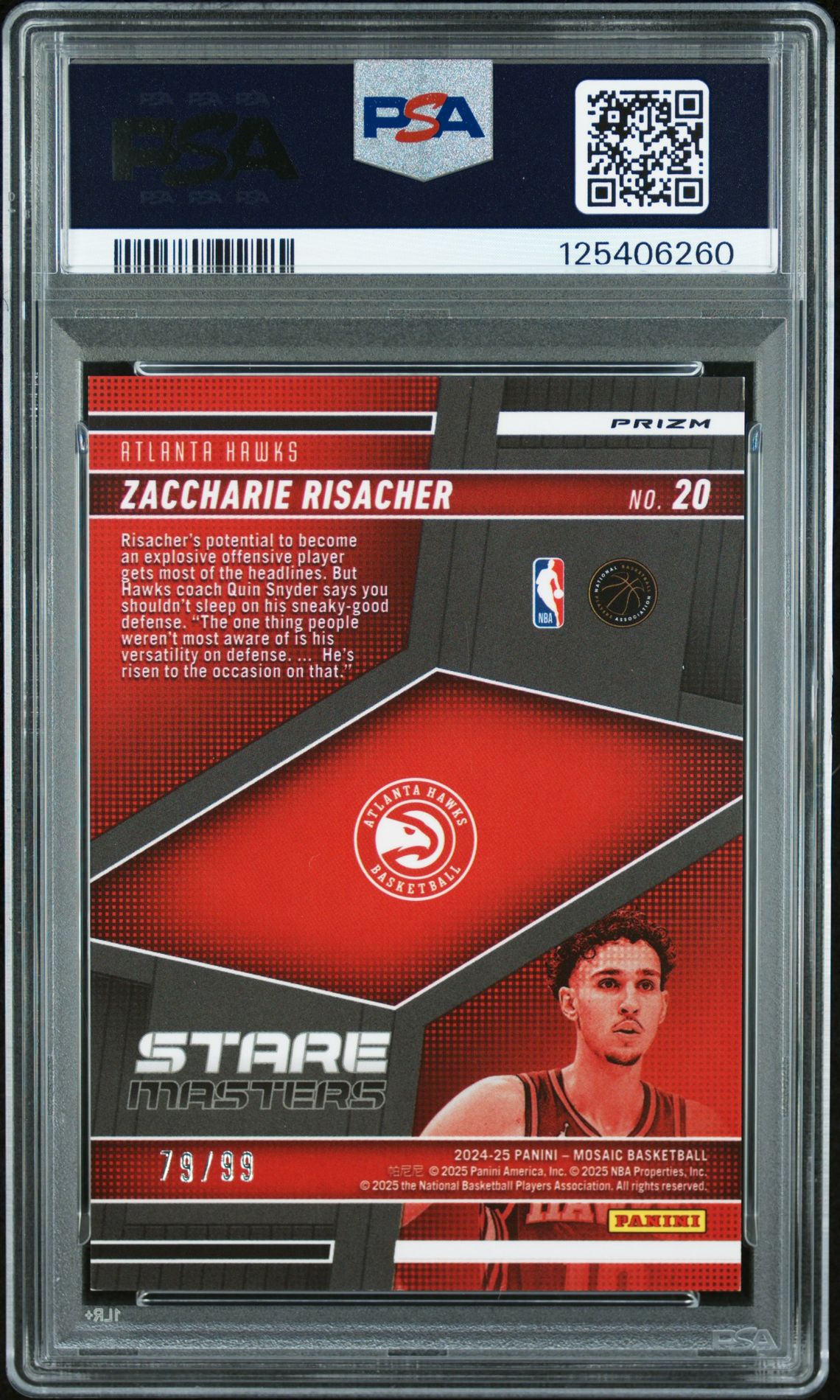 2024 Panini Mosaic Stare Masters Zaccharie Risacher #20 (Stare Masters-Purple) Mint 9 back