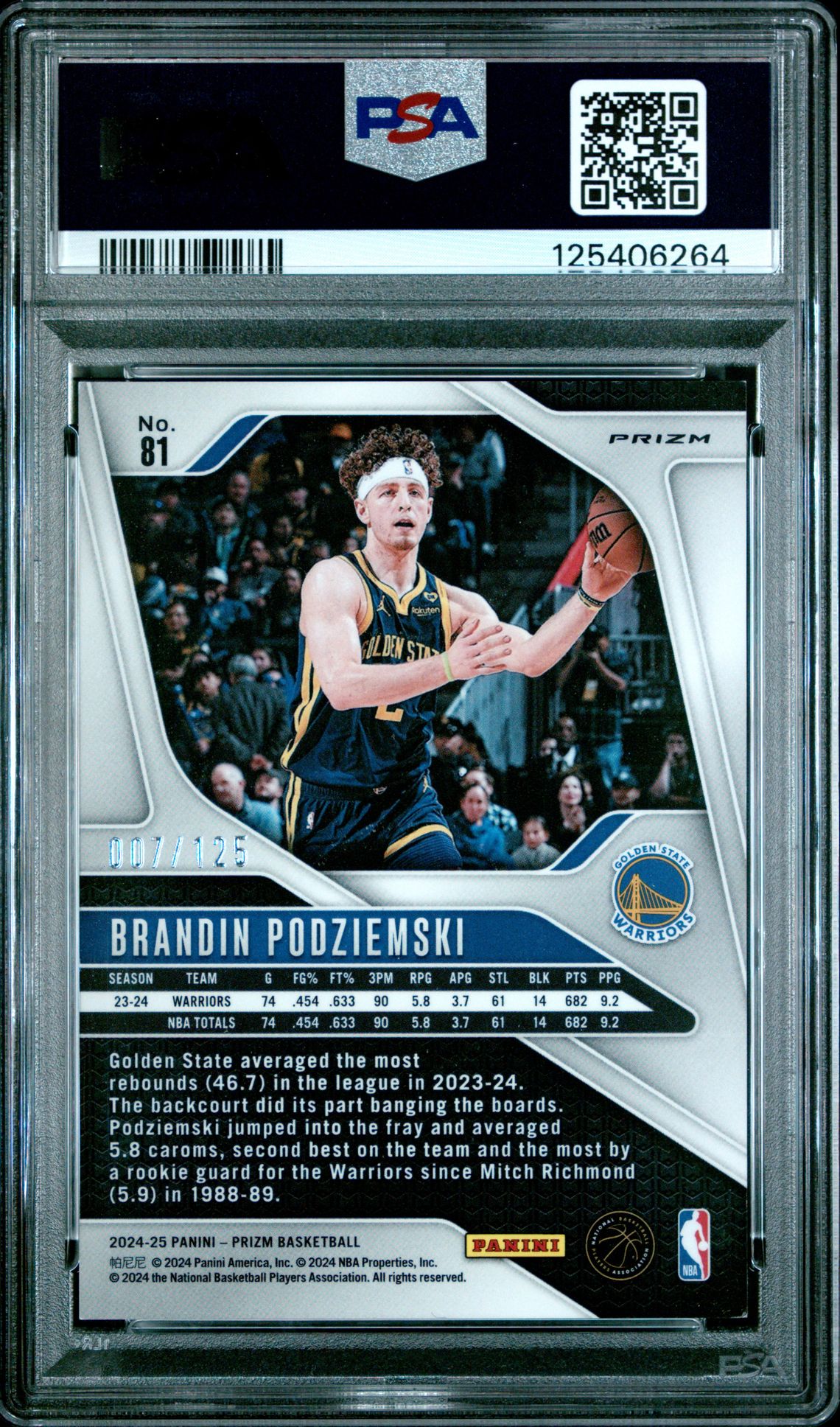 2024 Panini Prizm Brandin Podziemski #81 (Orange Fast Break) Mint 9 back