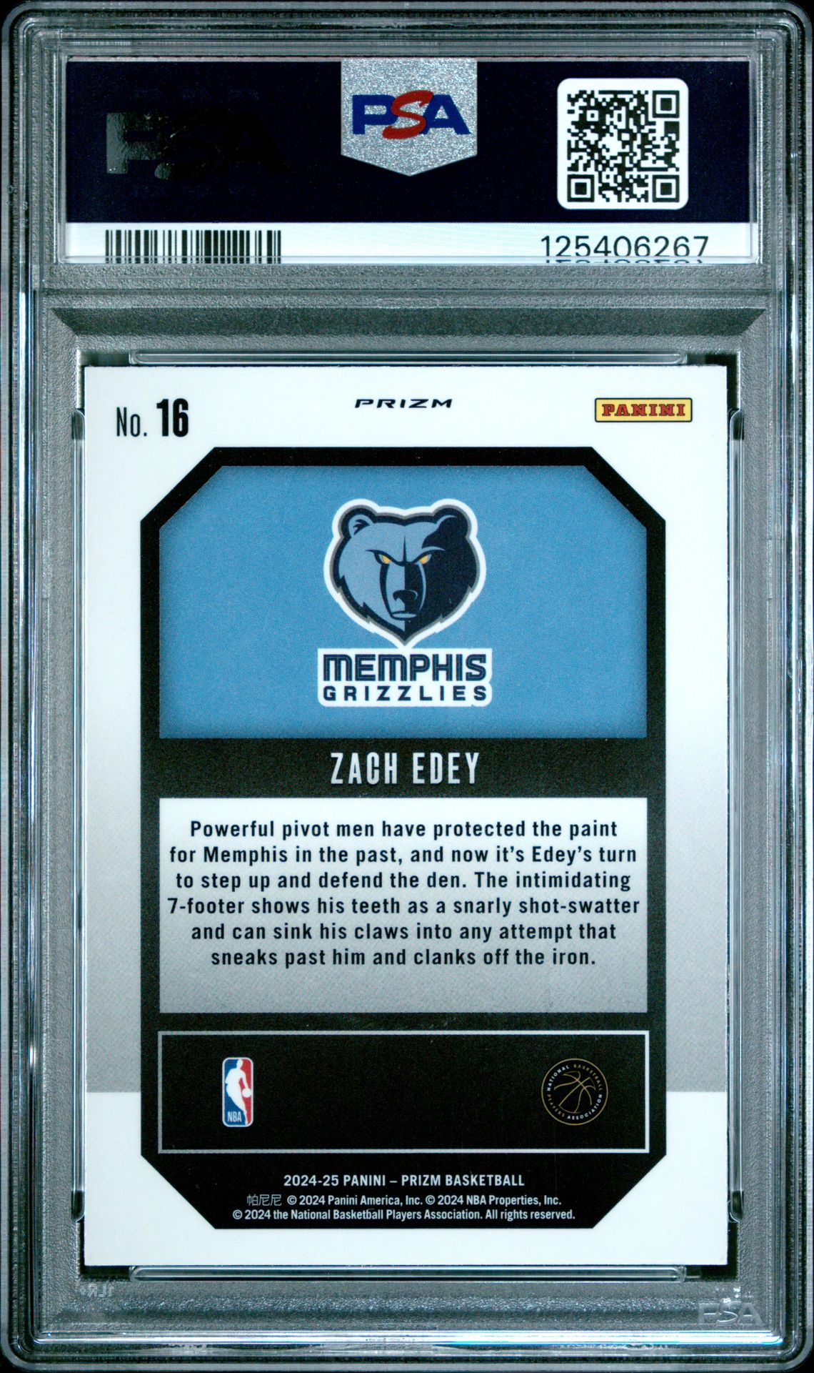2024 Panini Prizm Emergent Zach Edey #16 (Emergent-Green Prizm) Gem Mt 10 back