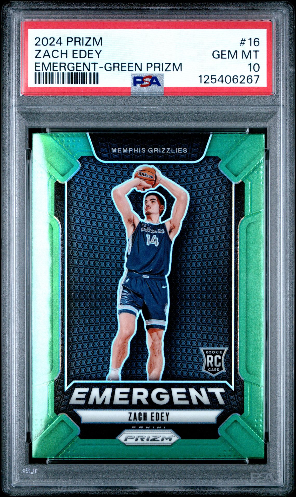 2024 Panini Prizm Emergent Zach Edey #16 (Emergent-Green Prizm) Gem Mt 10 front