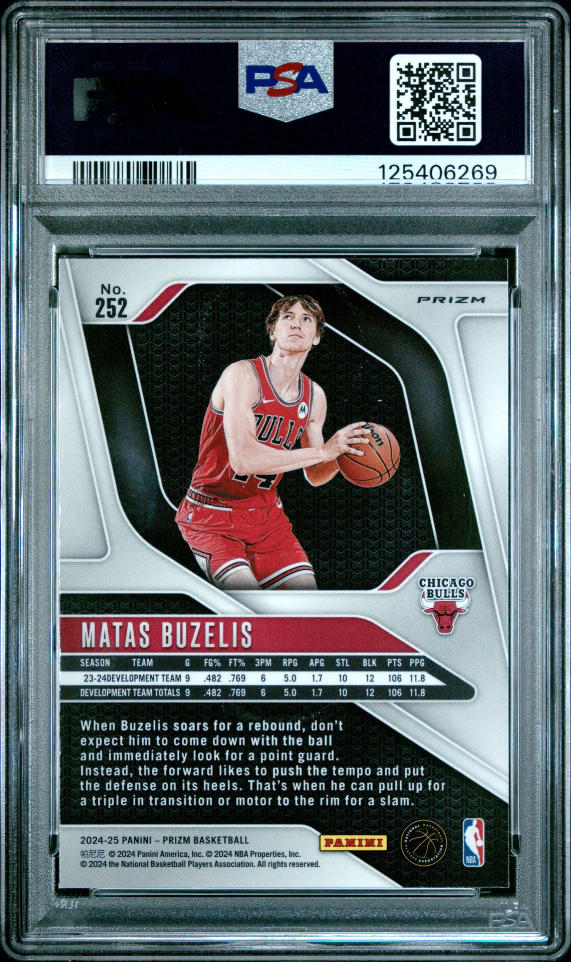 2024 Panini Prizm Matas Buzelis #252 (Pink Ice) Gem Mt 10 back