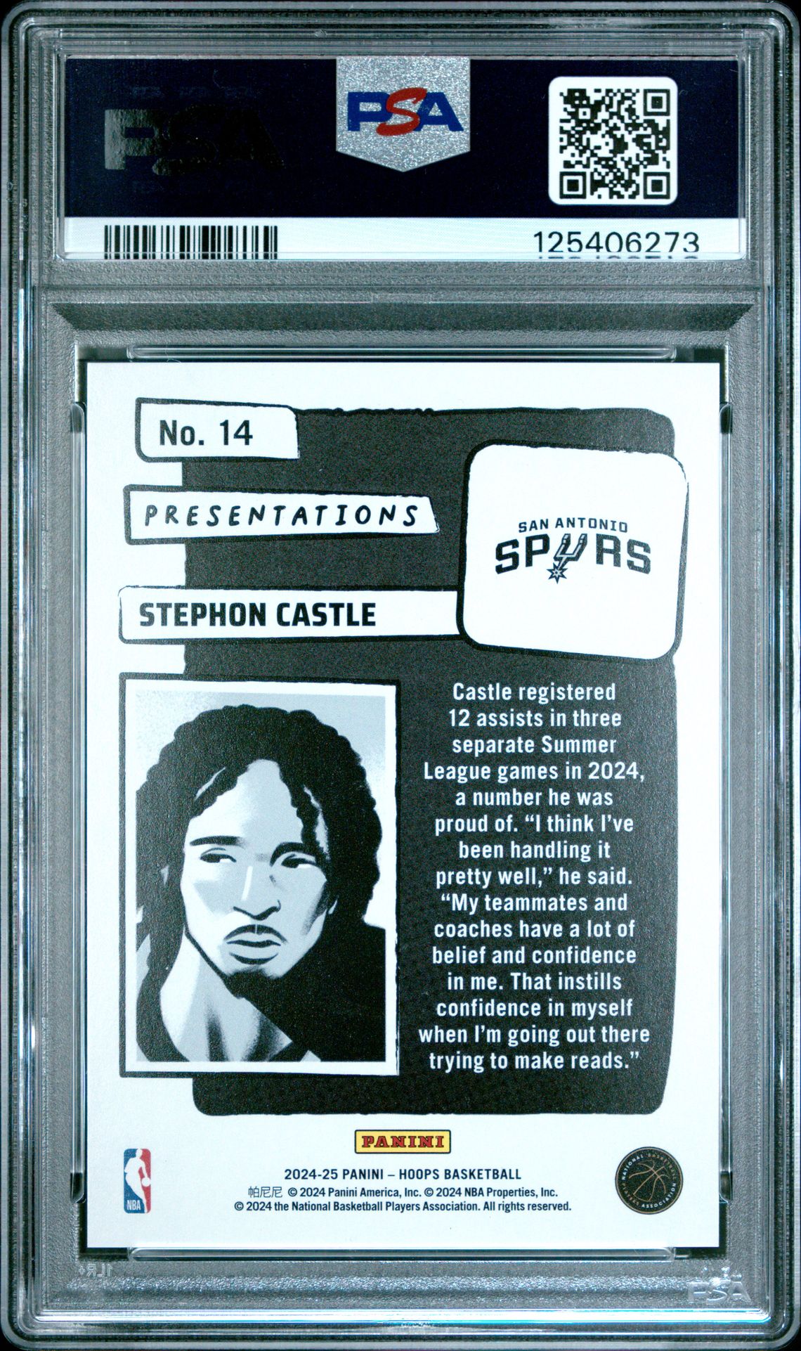 2024 Panini Nba Hoops Presentations Stephon Castle #14 Gem Mt 10 back