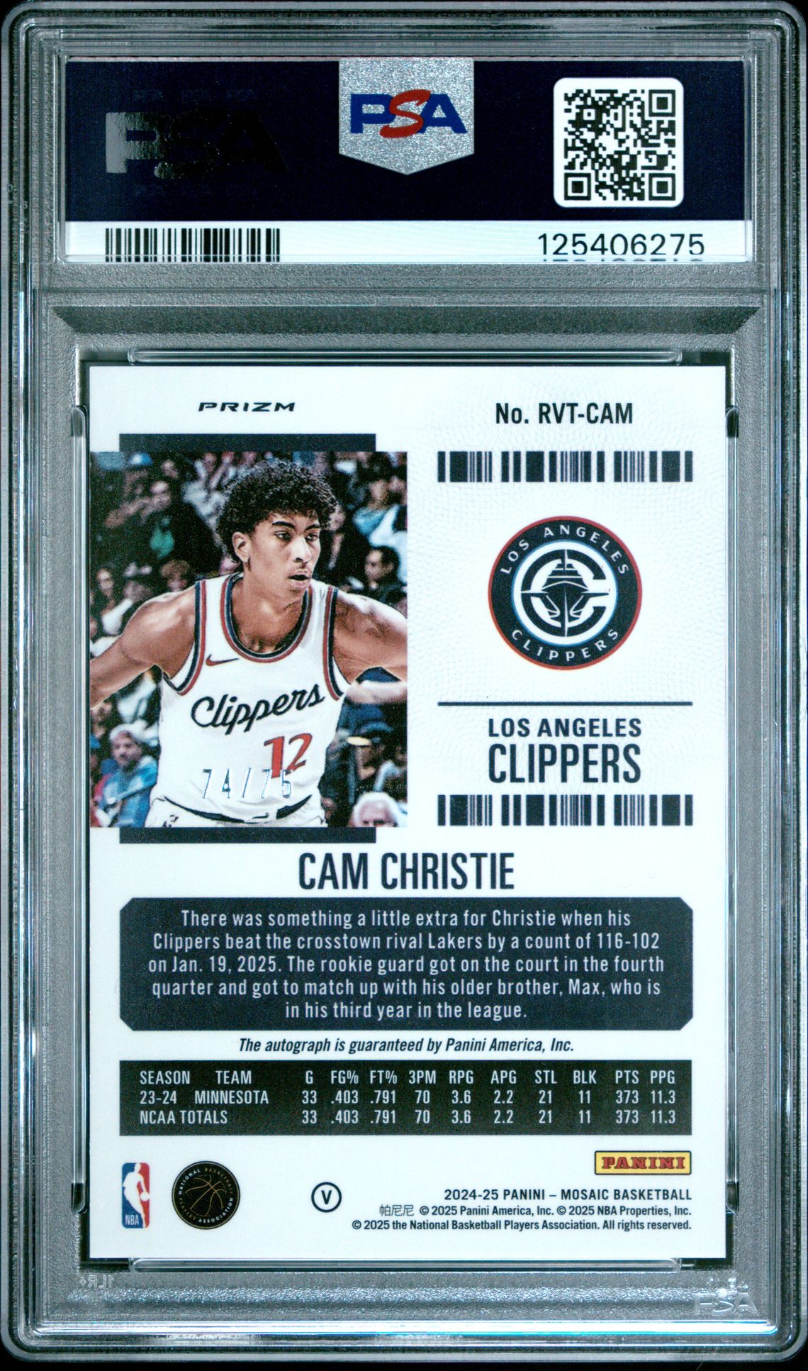2024 Panini Mosaic Rookie Season Ticket Autographs Cam Christie #Rvtcam (Rk Ssn Tkt Auto-Var-Bronze) Gem Mt 10 back