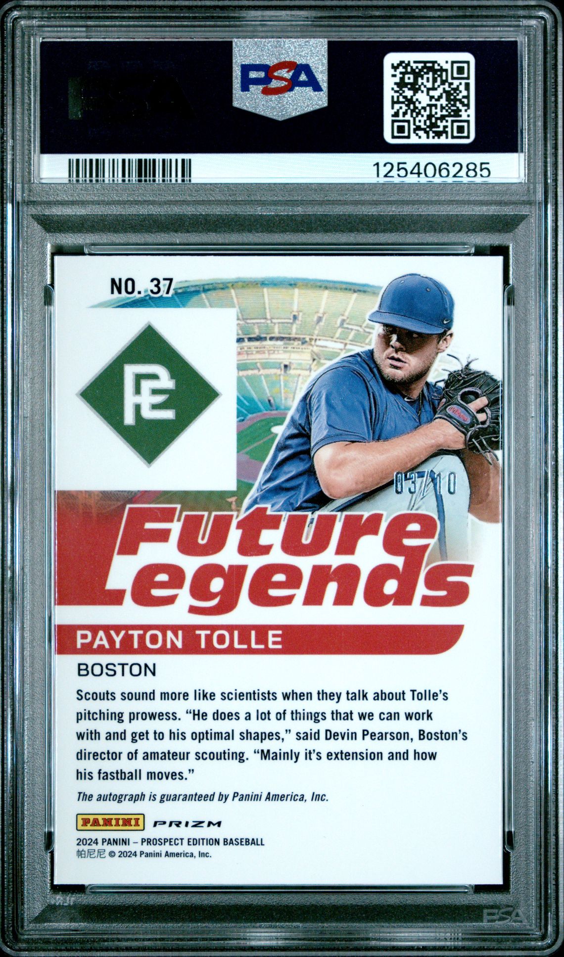 2024 Panini Prospect Edition Future Legends Signatures Payton Tolle #37 (Future Legends Sig-Gold) Gem Mt 10 back