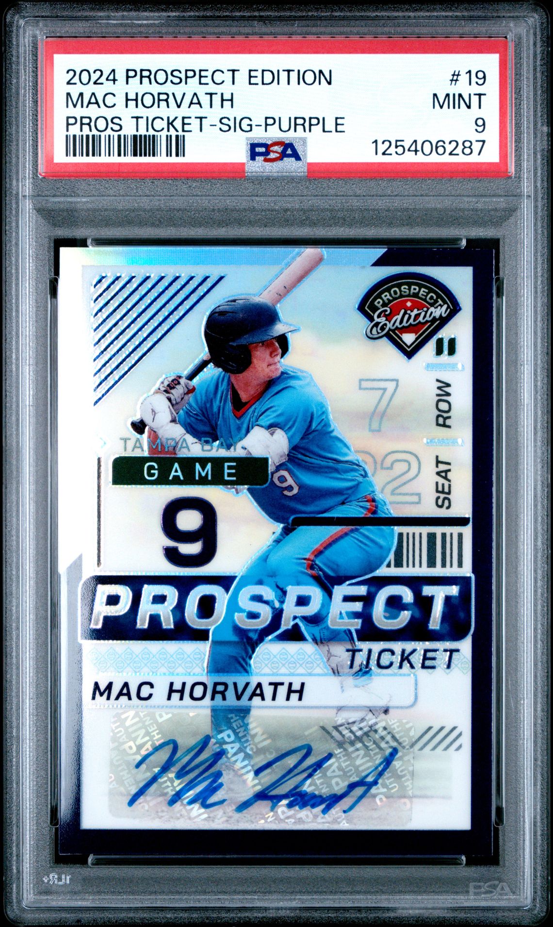 2024 Panini Prospect Edition Prospect Ticket Mac Horvath #19 (Pros Ticket-Sig-Purple) Mint 9 front