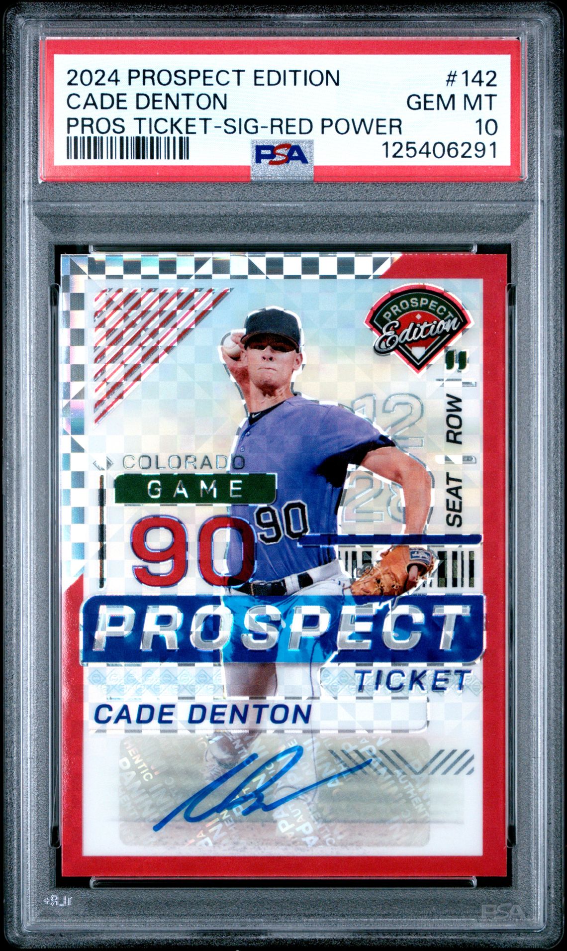 2024 Panini Prospect Edition Prospect Ticket Cade Denton #142 (Pros Ticket-Sig-Red Power) Gem Mt 10 front