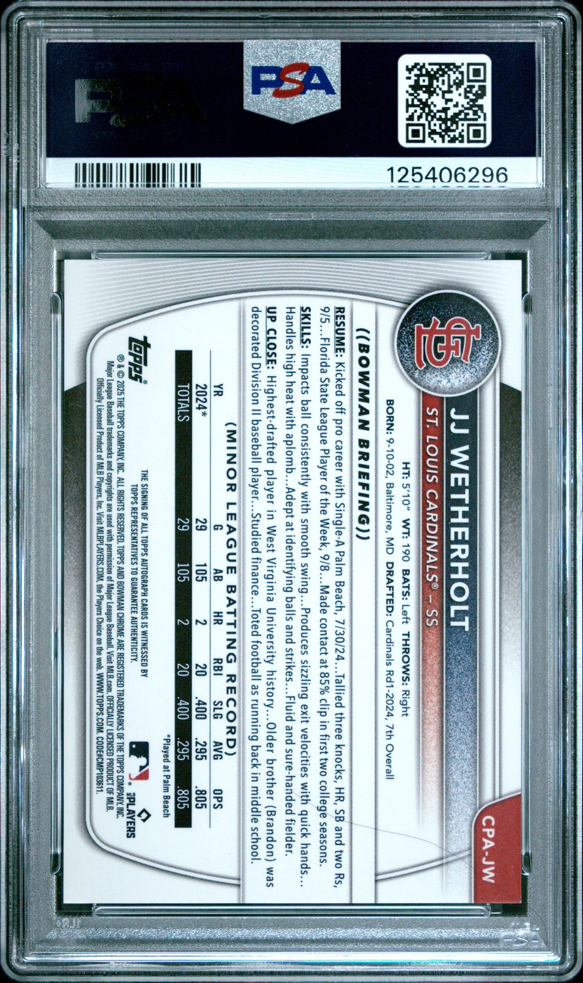 2025 Bowman Mega Box Image Variation Autographs Jj Wetherholt #Jw (Image Var Auto-Prospect) Mint 9 back