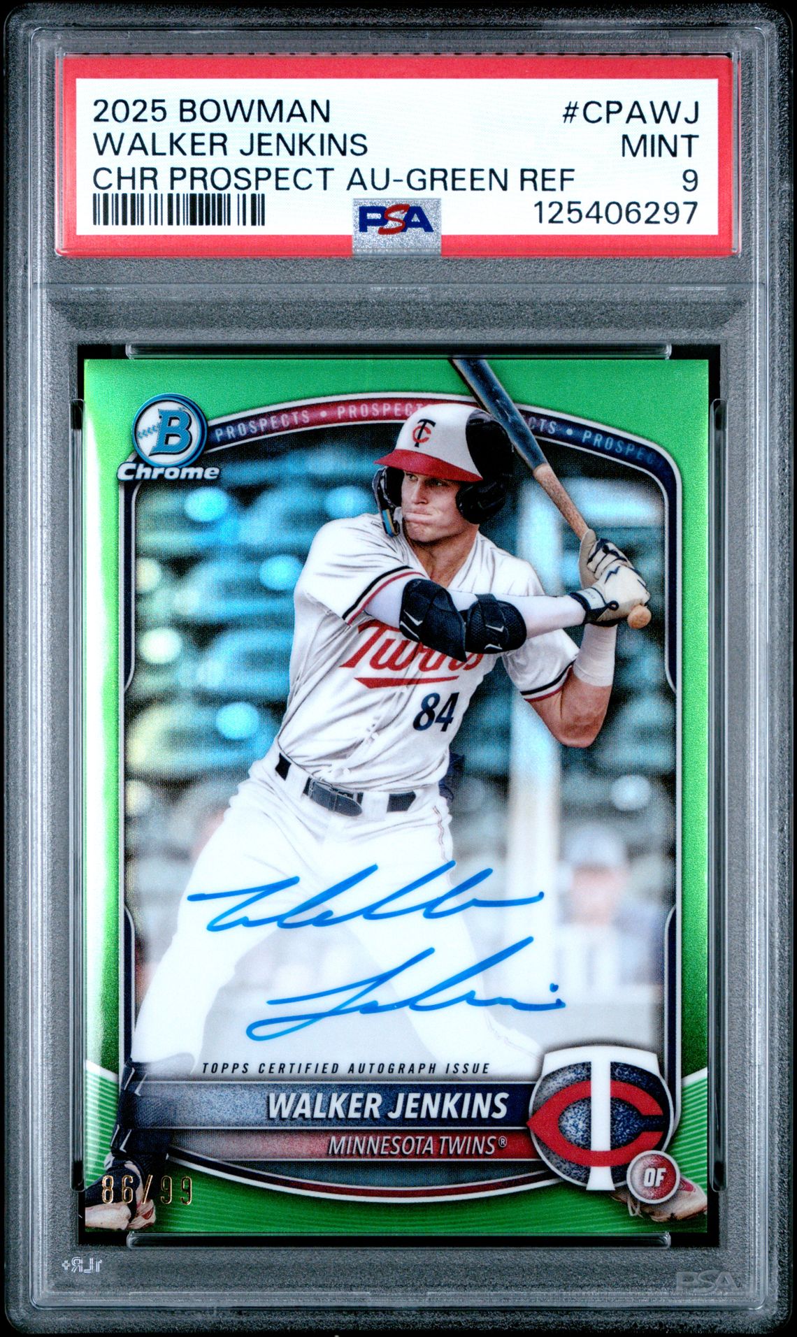 2025 Bowman Chrome Prospect Autographs Walker Jenkins #Cpawj (Chr Prospect Au-Green Ref) Mint 9 front