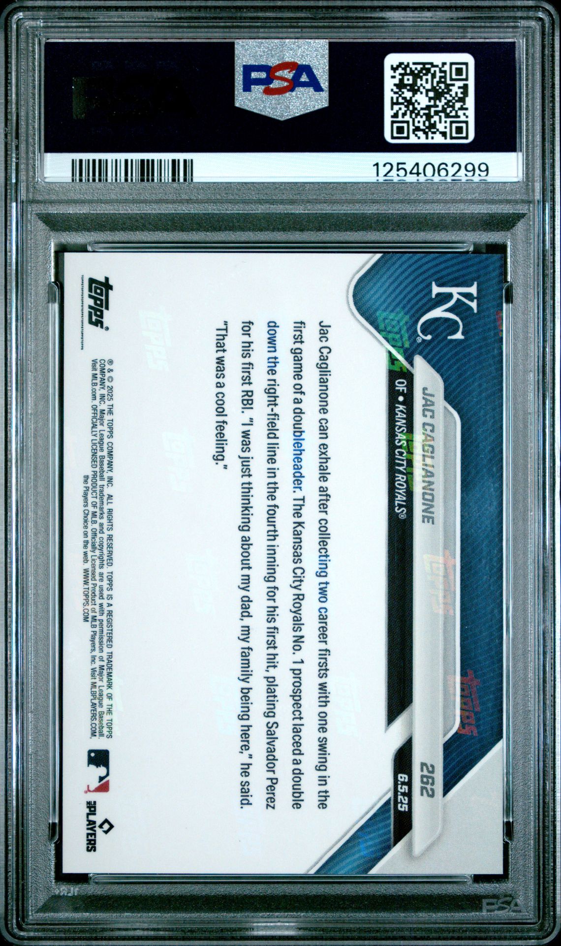 2025 Topps Now Jac Caglianone #262 Gem Mt 10 back