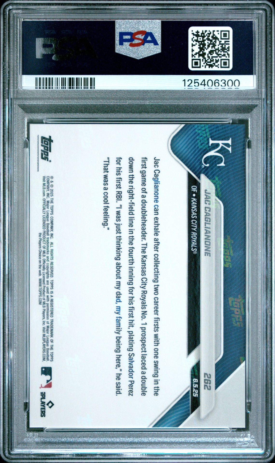 2025 Topps Now Jac Caglianone #262 Gem Mt 10 back