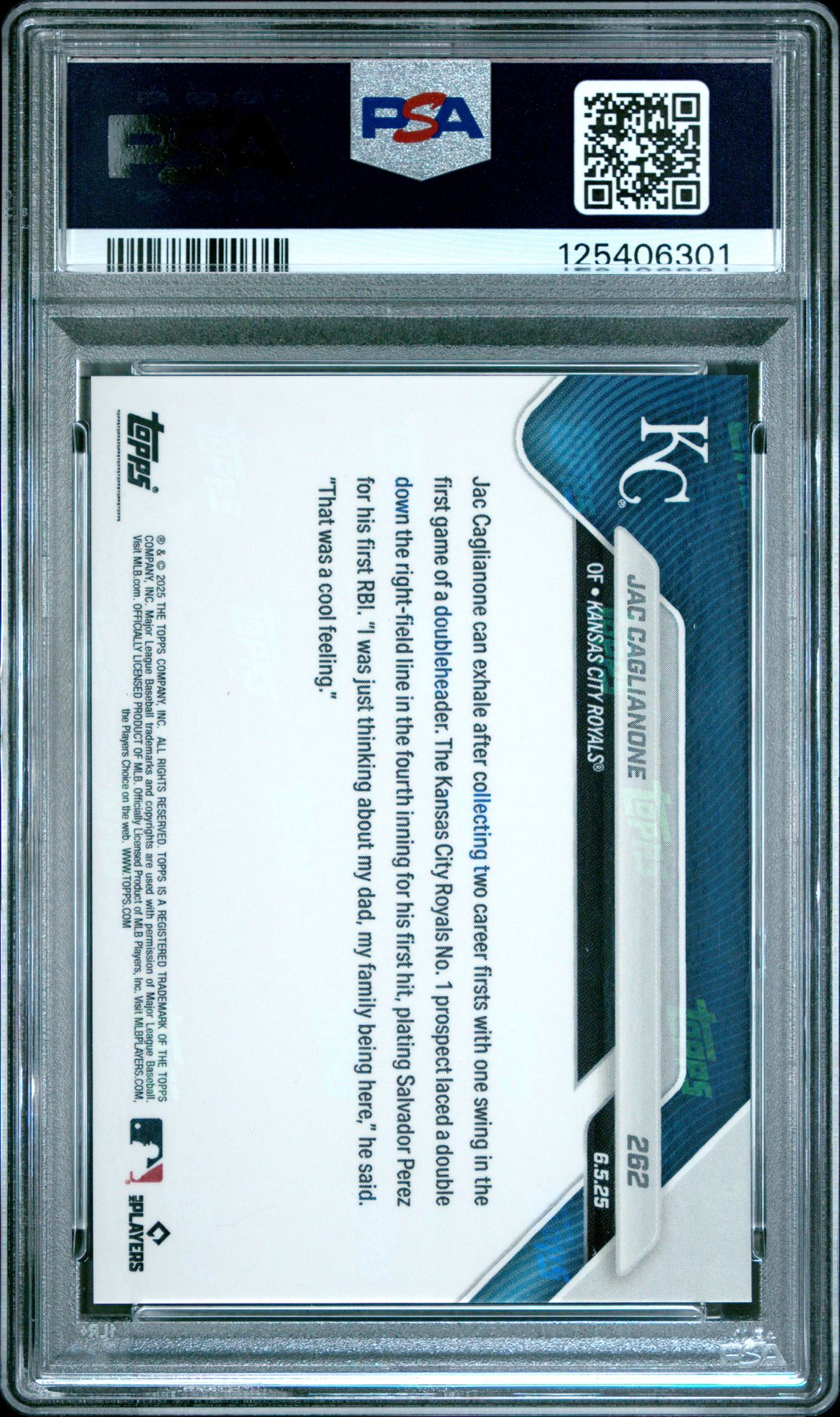 2025 Topps Now Jac Caglianone #262 Gem Mt 10 back