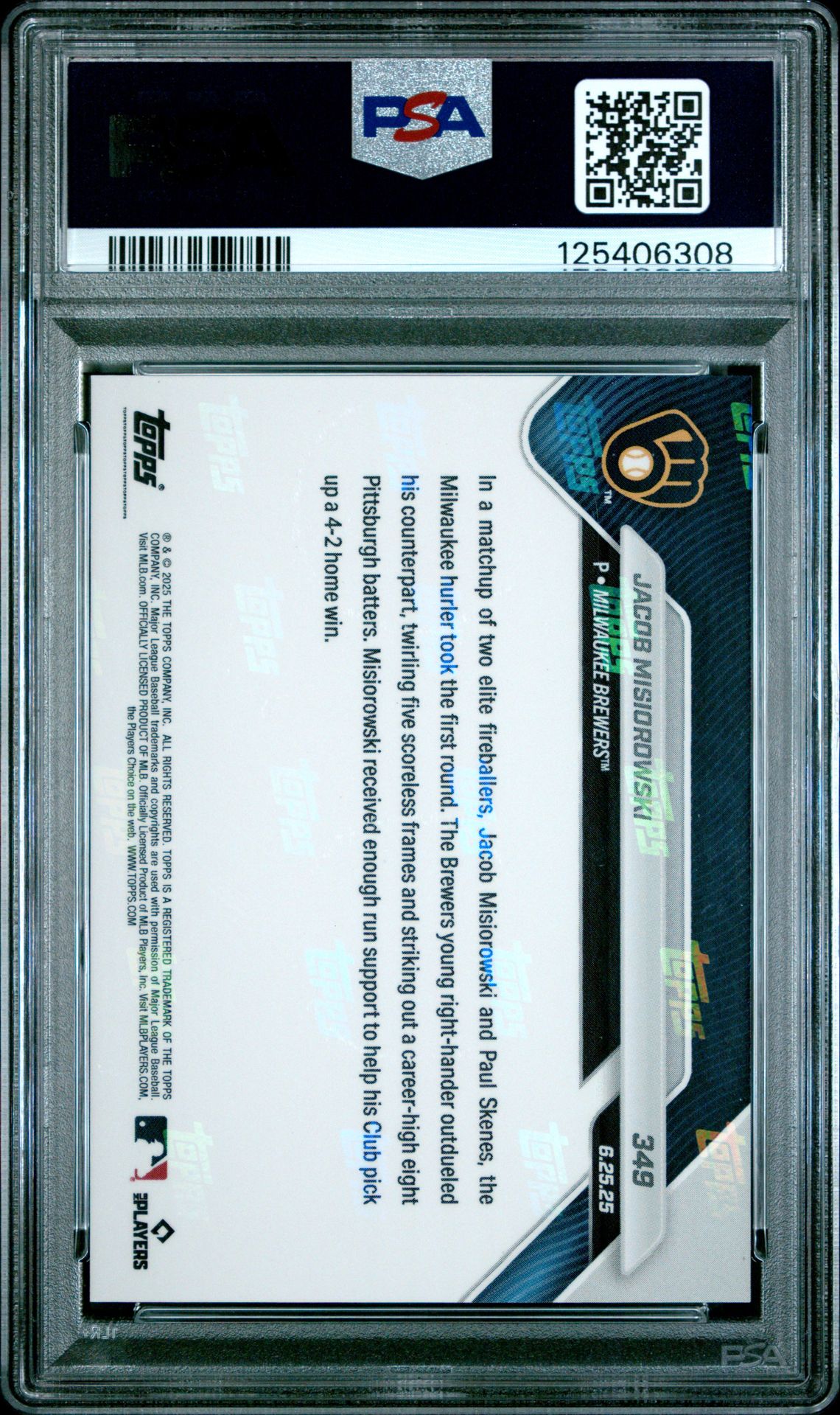 2025 Topps Now Jacob Misiorowski #349 Gem Mt 10 back