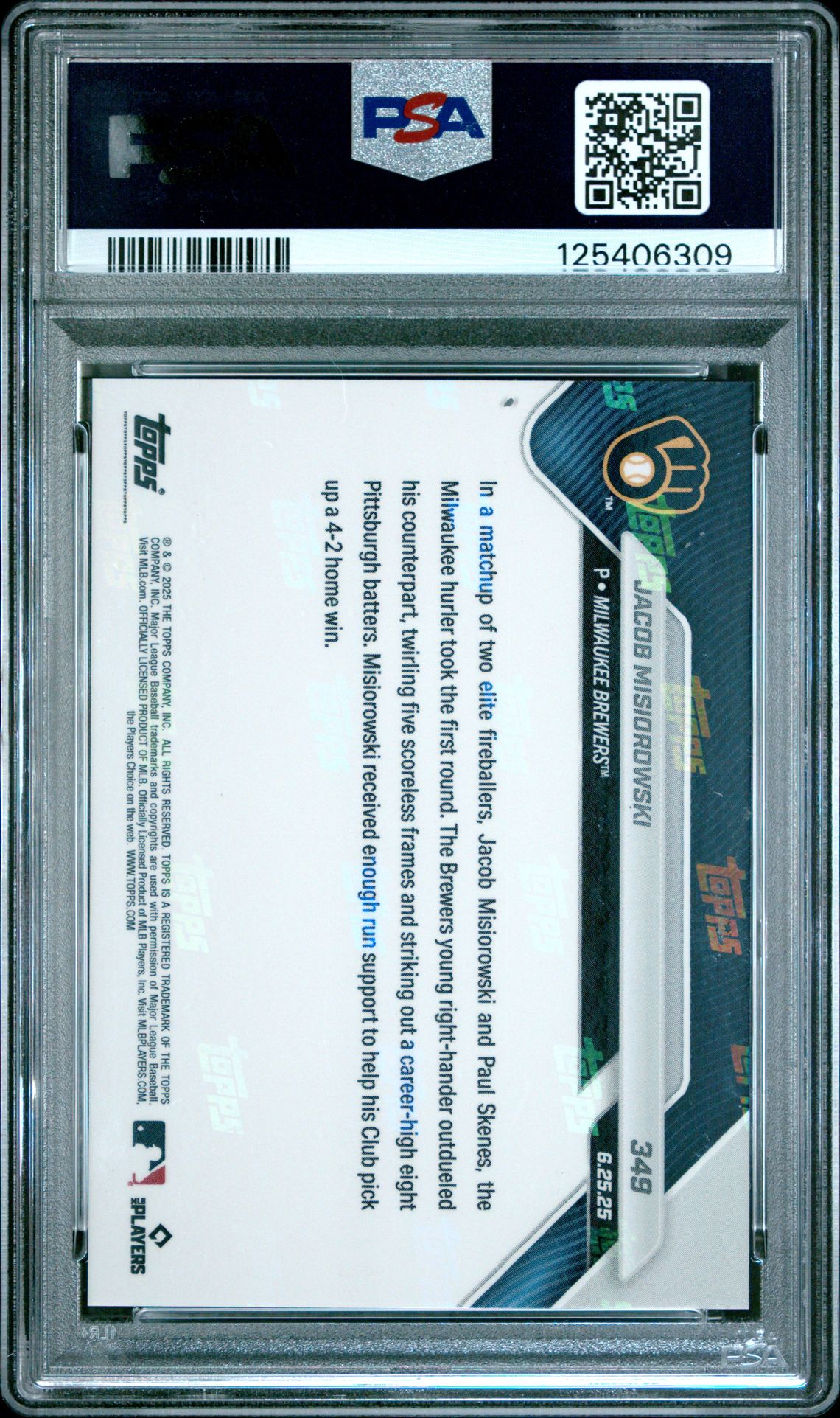 2025 Topps Now Jacob Misiorowski #349 Gem Mt 10 back