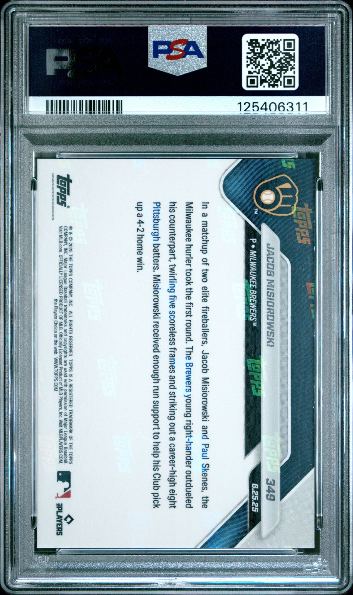 2025 Topps Now Jacob Misiorowski #349 Gem Mt 10 back