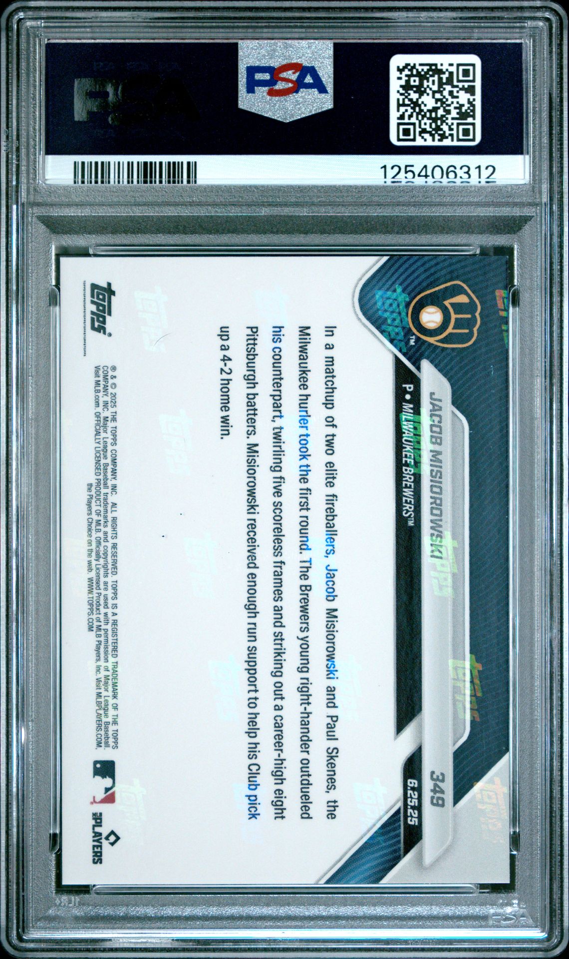 2025 Topps Now Jacob Misiorowski #349 Gem Mt 10 back