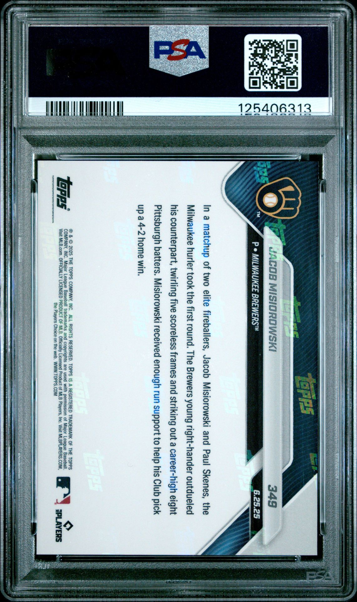 2025 Topps Now Jacob Misiorowski #349 Gem Mt 10 back