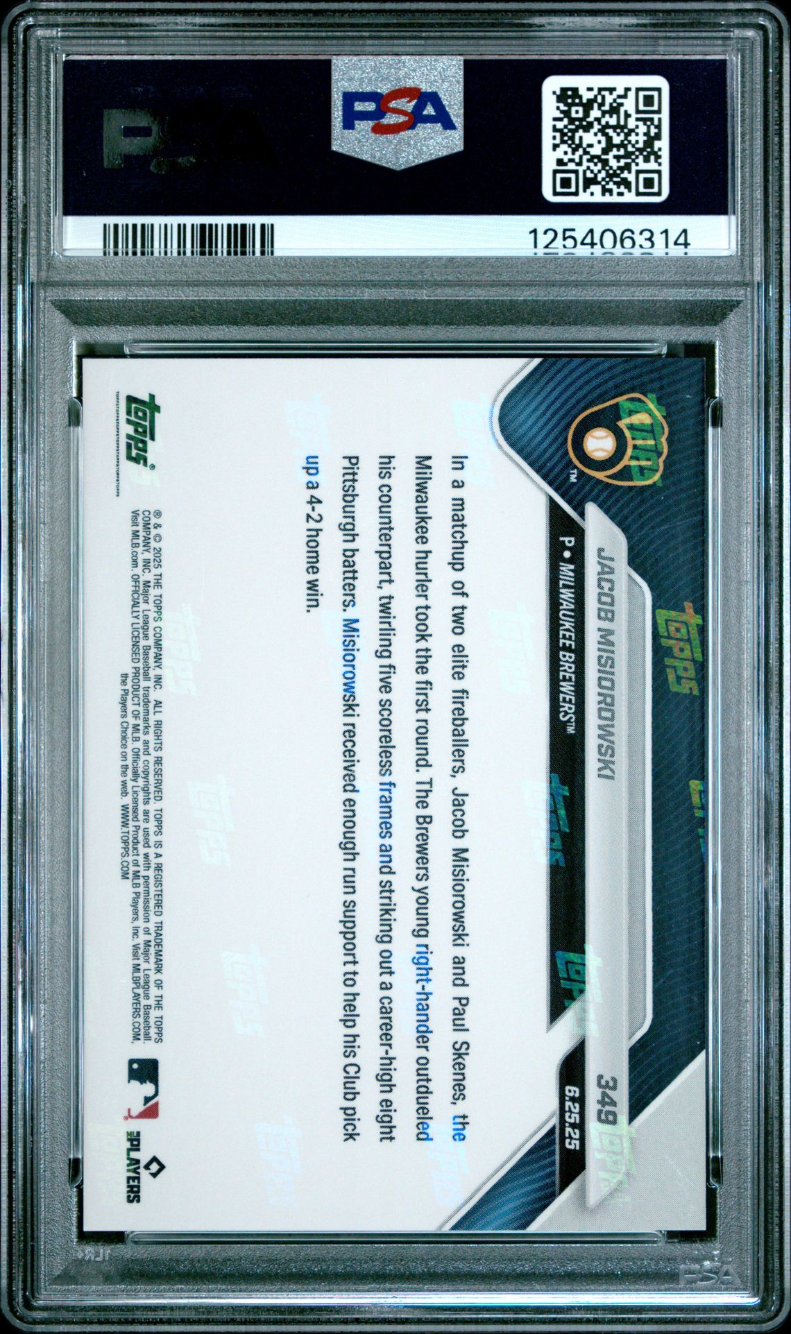 2025 Topps Now Jacob Misiorowski #349 Gem Mt 10 back