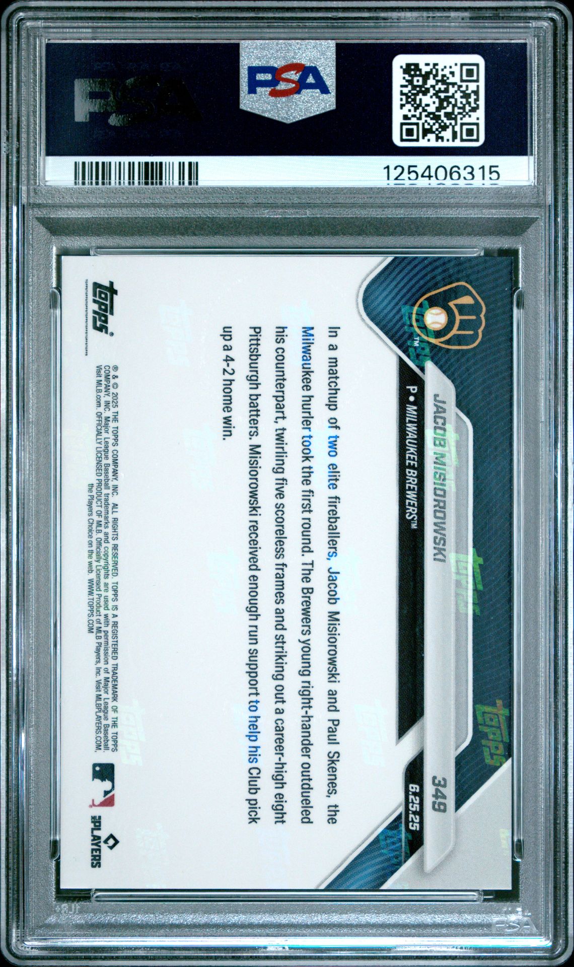 2025 Topps Now Jacob Misiorowski #349 Gem Mt 10 back