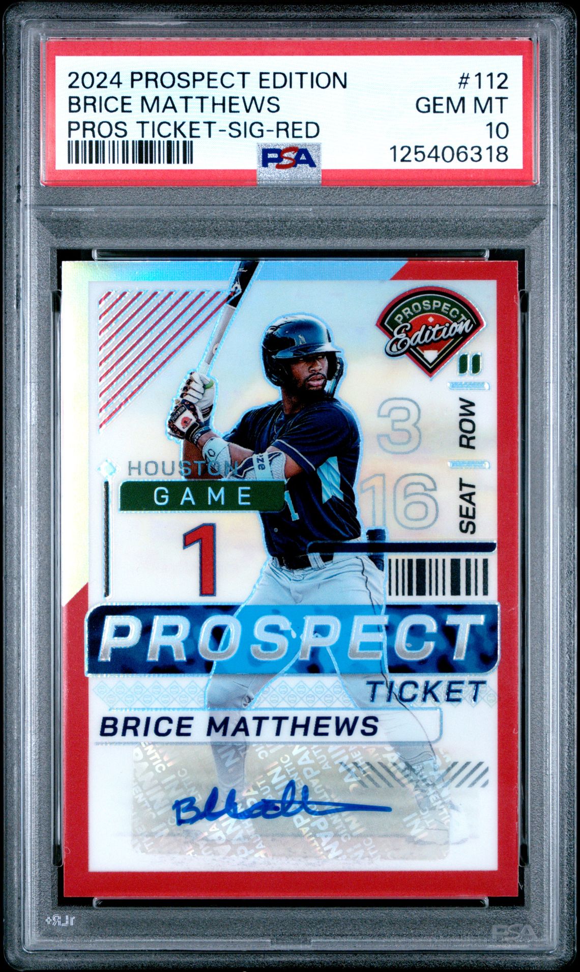 2024 Panini Prospect Edition Prospect Ticket Brice Matthews #112 (Pros Ticket-Sig-Red) Gem Mt 10 front