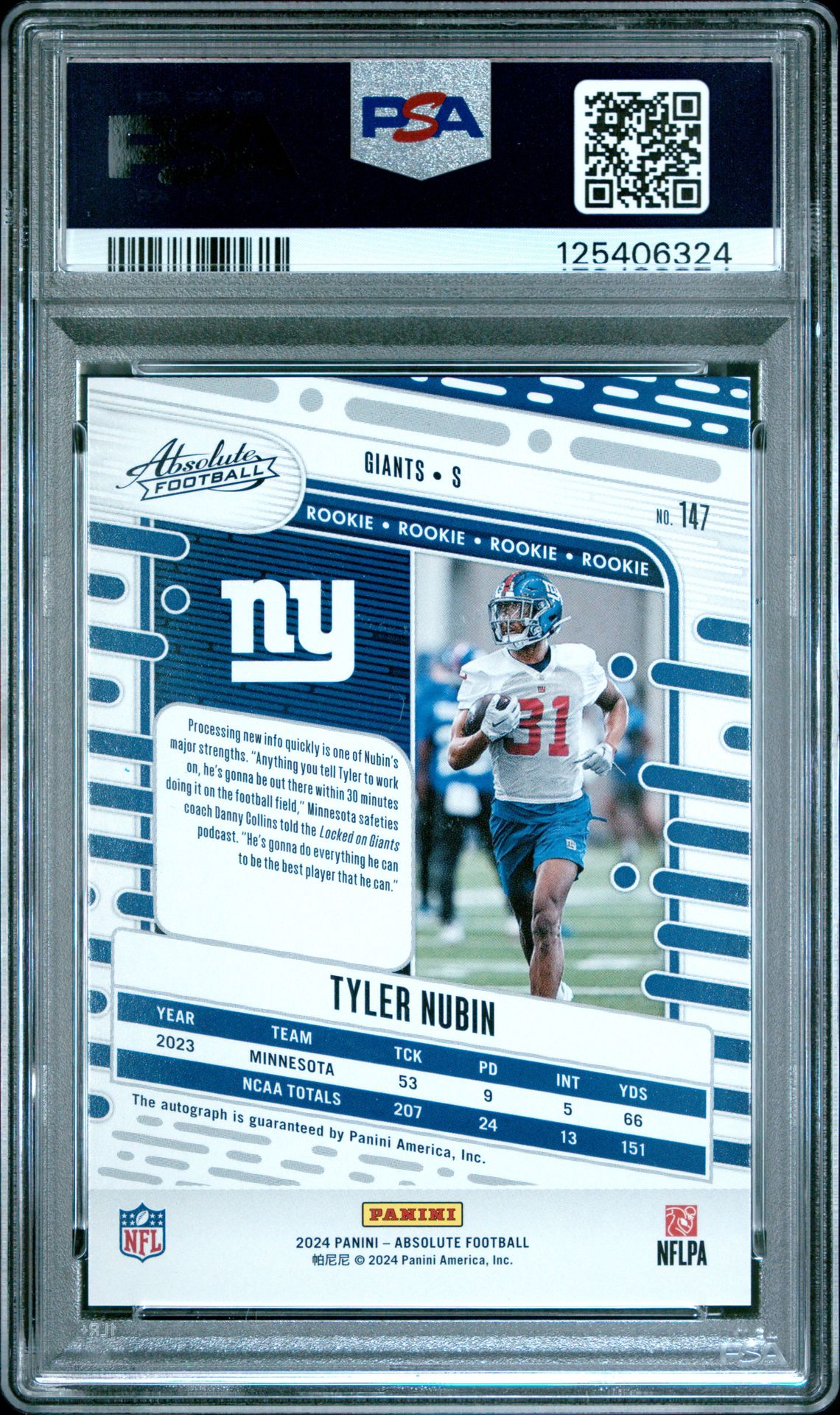 2024 Panini Absolute Tyler Nubin #147 (Signature) Gem Mt 10 back