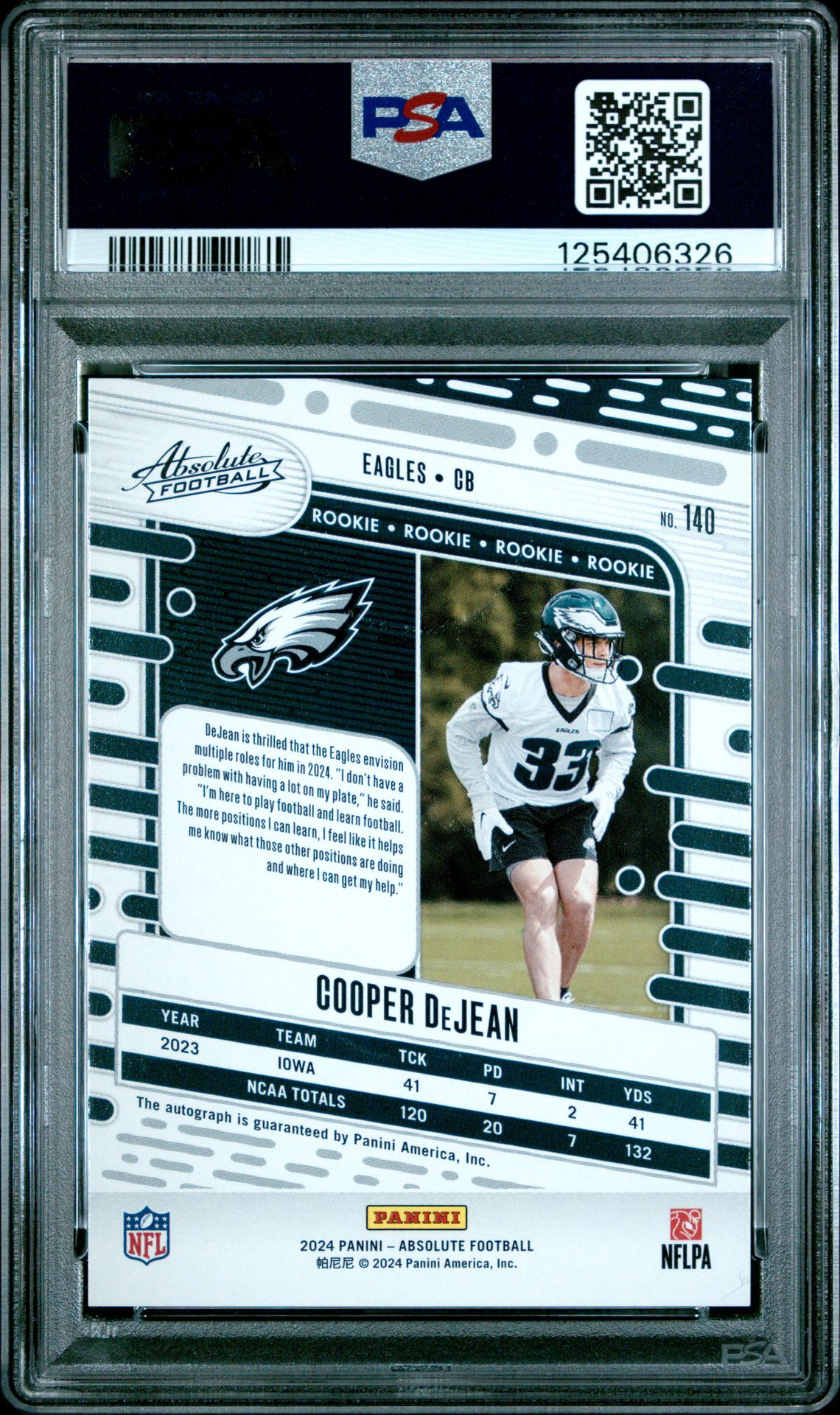 2024 Panini Absolute Cooper Dejean #140 (Signature) Gem Mt 10 back