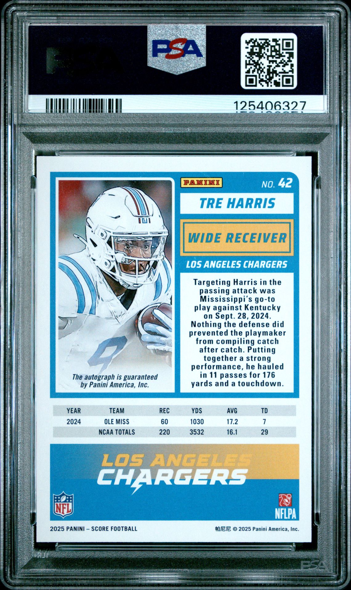 2025 Panini Score Tre Harris #42 (Signature) Mint 9 back