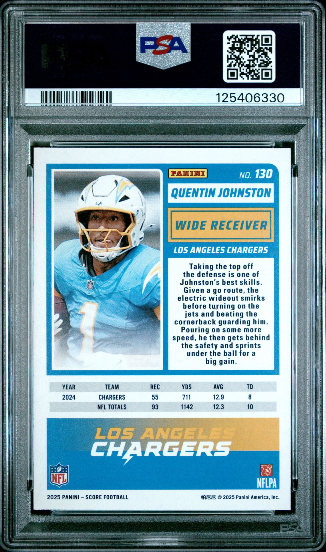 2025 Panini Score Quentin Johnston #130 (Artist's Proof) Gem Mt 10 back