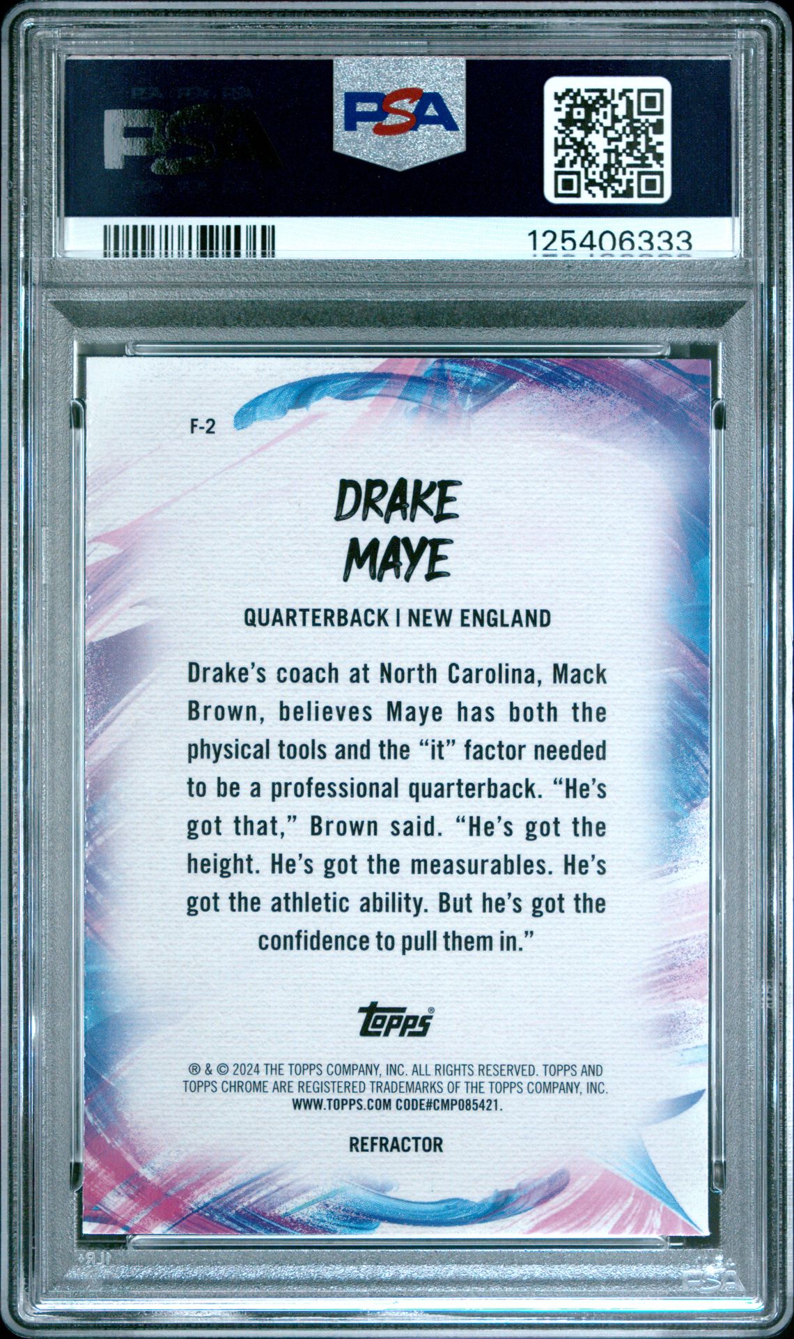 2024 Topps Chrome Finesse Drake Maye #F2 (Finesse-Refractor) Gem Mt 10 back
