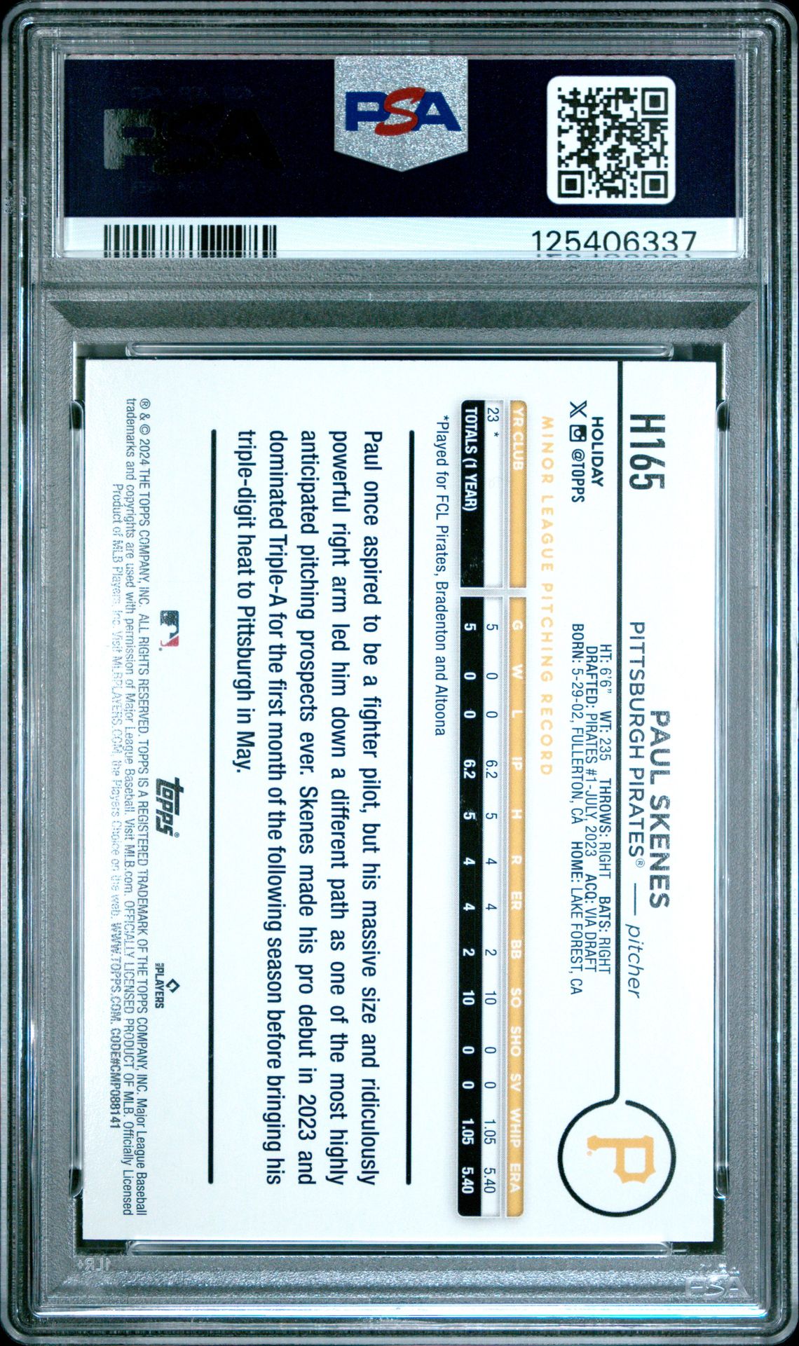 2024 Topps Holiday Paul Skenes #H165 (Blue Metallic Glitter) Gem Mt 10 back