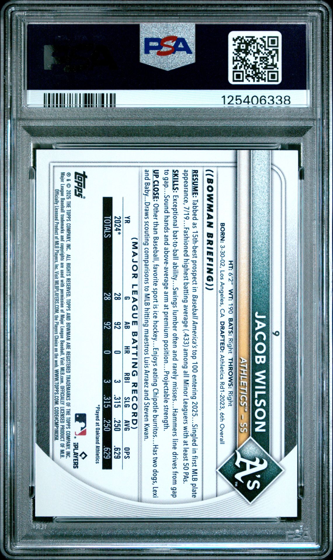 2025 Bowman Jacob Wilson #9 (Sky Blue) Gem Mt 10 back