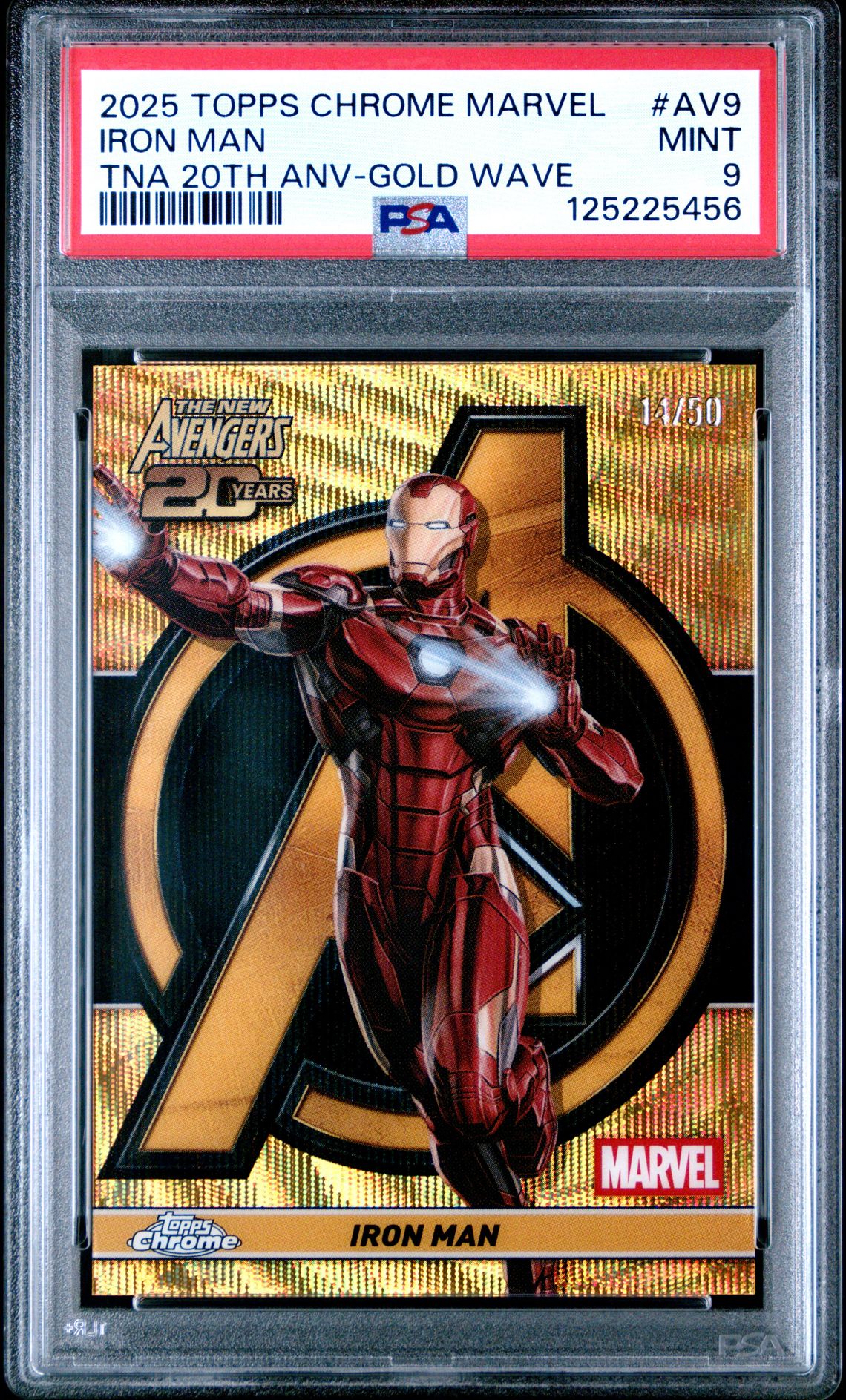 2025 Topps Chrome Marvel The New Avengers 20Th Anniversary Iron Man #Av9 (Tna 20Th Anv-Gold Wave) Mint 9 front