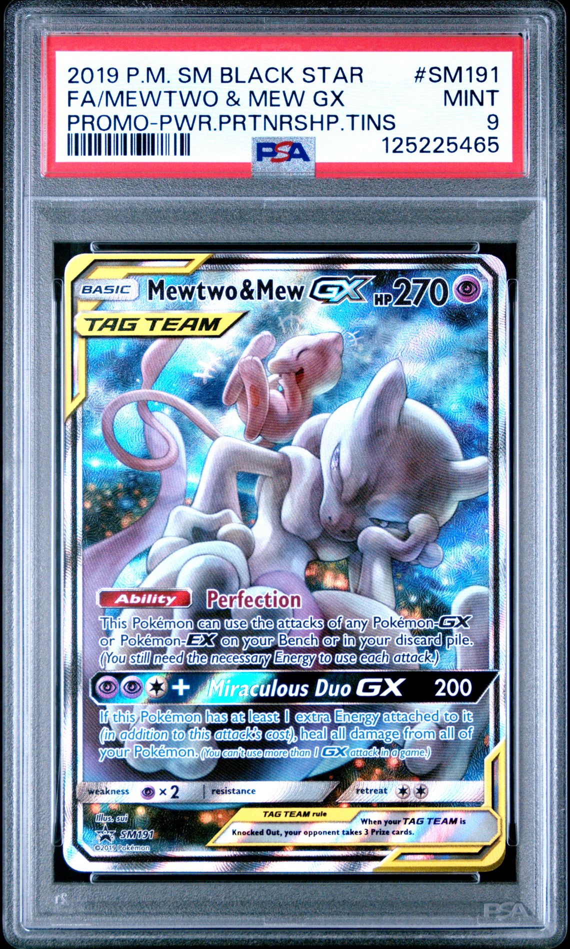 2019 Pokemon Sm Black Star Promo Fa/Mewtwo & Mew Gx #Sm191 (Promo-Pwr.prtnrshp.tins) Mint 9 front