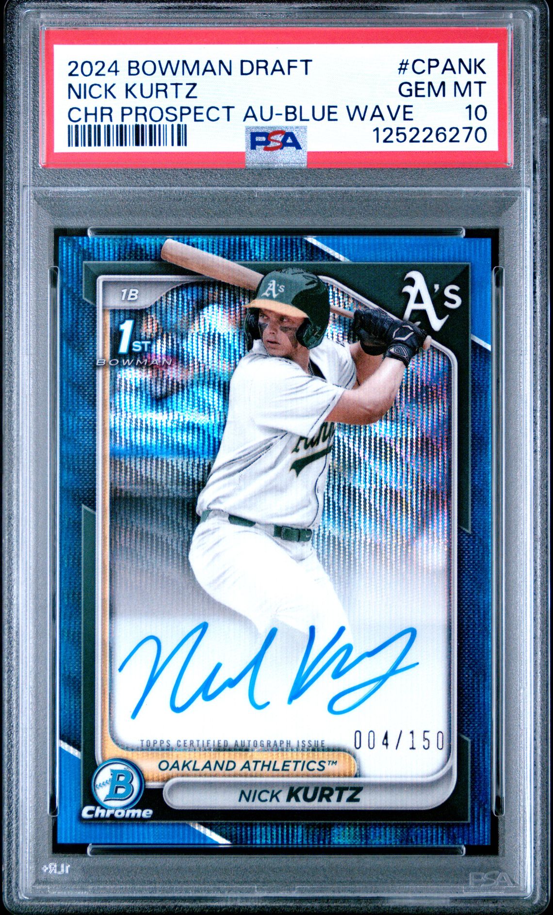 2024 Bowman Draft Chrome Prospect Autographs Nick Kurtz #Cpank (Chr Prospect Au-Blue Wave) Gem Mt 10 front
