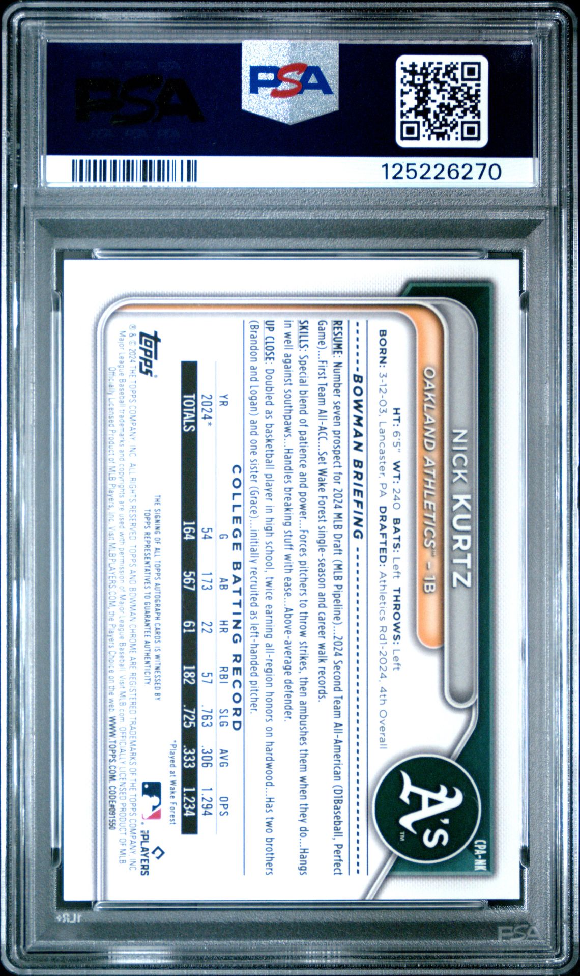 2024 Bowman Draft Chrome Prospect Autographs Nick Kurtz #Cpank (Chr Prospect Au-Blue Wave) Gem Mt 10 back