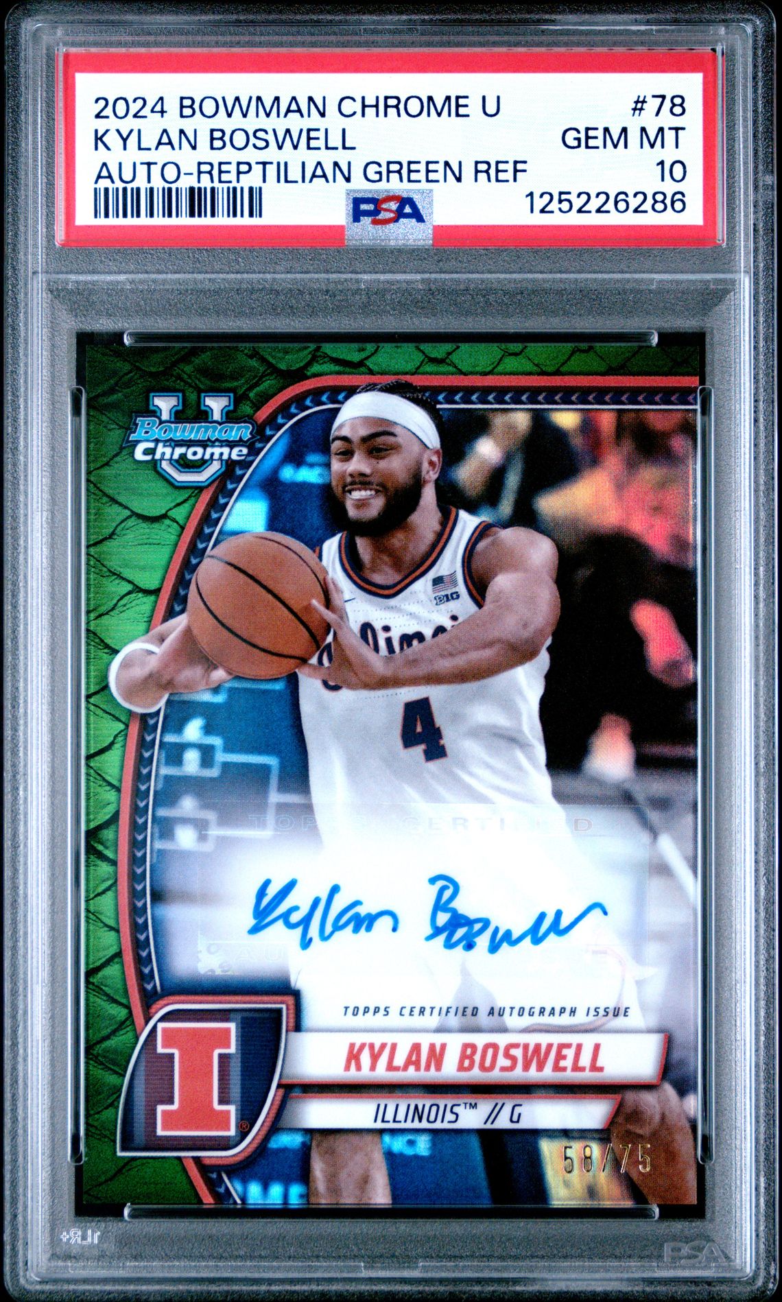2024 Bowman Chrome University Kylan Boswell #78 (Auto-Reptilian Green Ref) Gem Mt 10 front