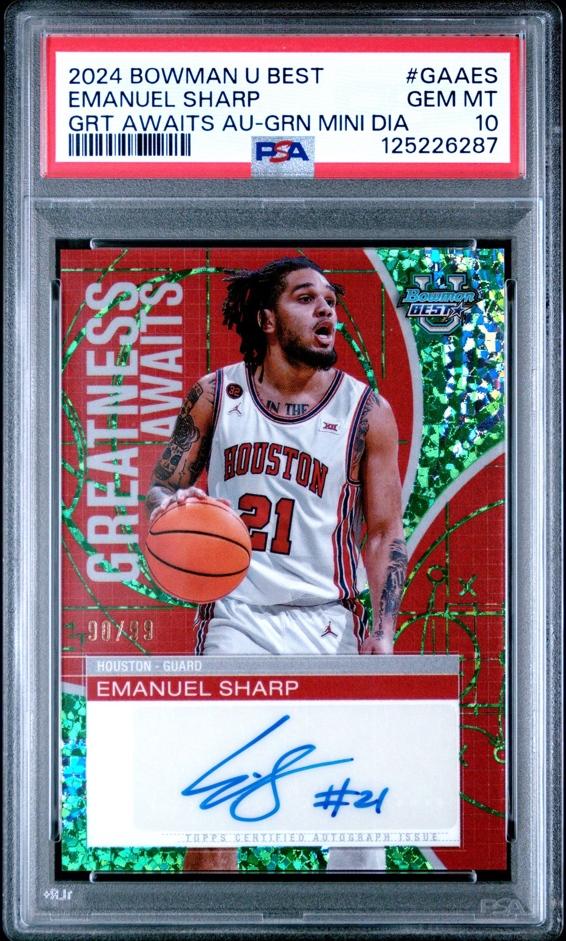 2024 Bowman University Best Greatness Awaits Autographs Emanuel Sharp #Gaaes (Grt Awaits Au-Grn Mini Dia) Gem Mt 10 front