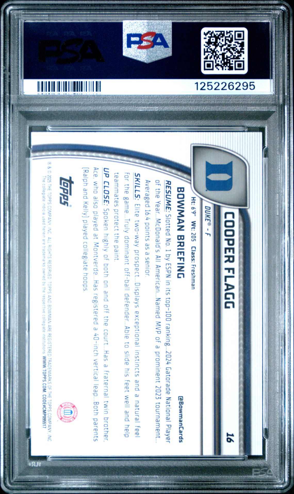 2024 Bowman Chrome University Cooper Flagg #16 Gem Mt 10 back