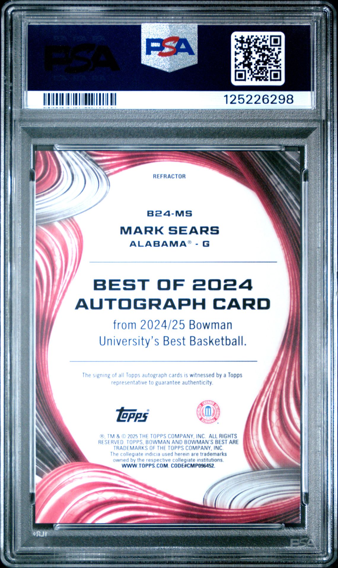 2024 Bowman University Best Best Of 2024 Autographs Mark Sears #B24Ms (Best Of 2024 Au-Refractor) Gem Mt 10 back