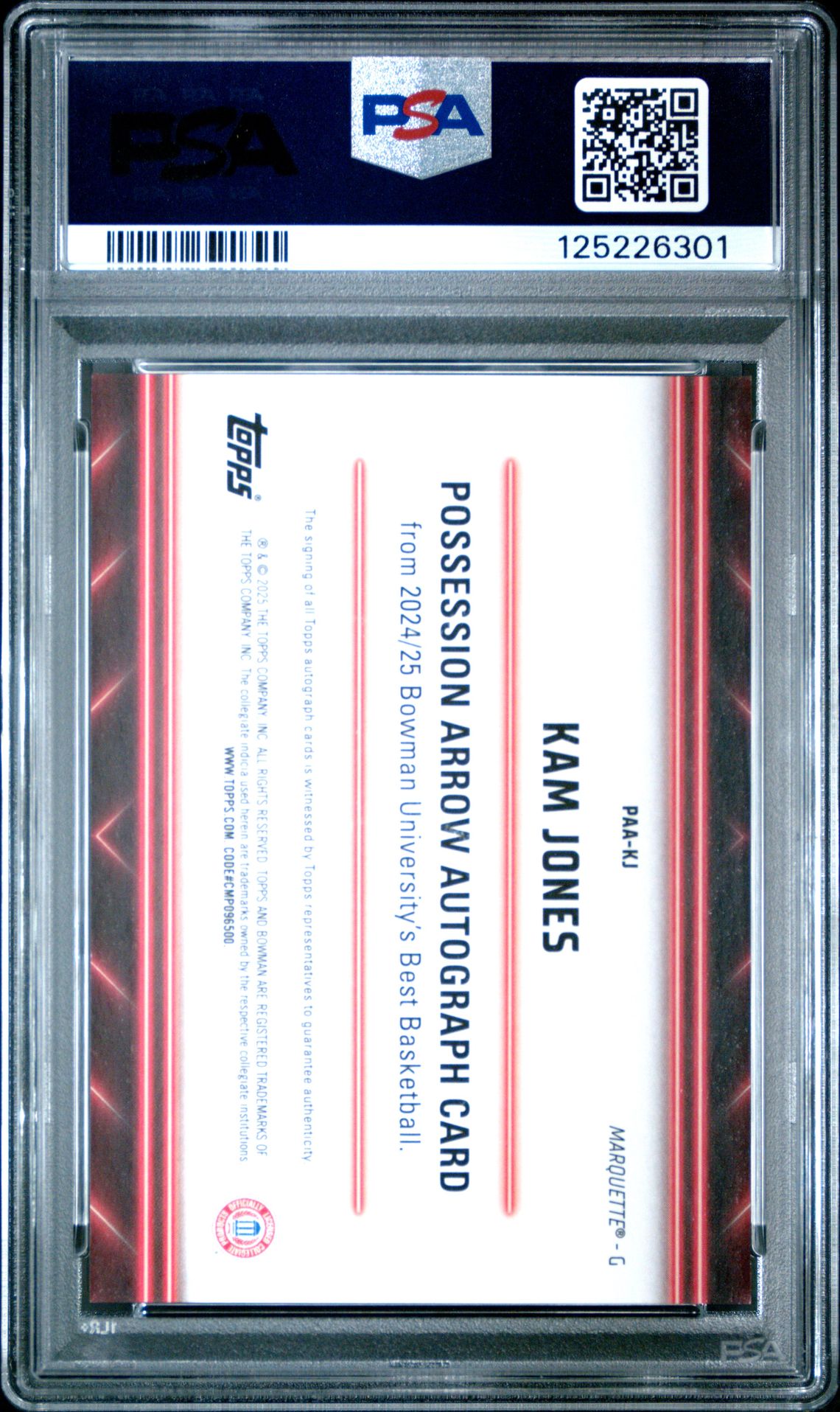 2024 Bowman University Best Possession Arrow Autographs Kam Jones #Paakj (Poss Arrow Auto-Black Ref) Gem Mt 10 back