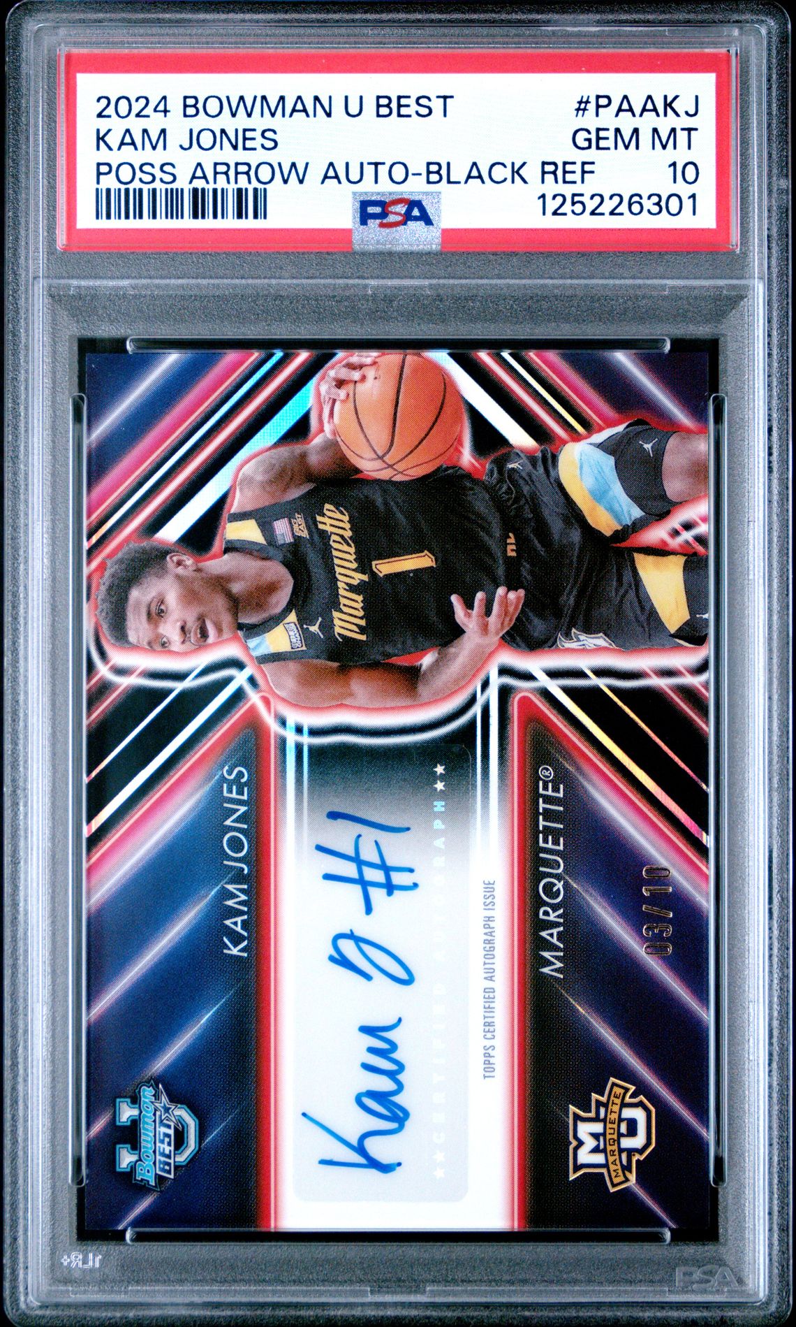 2024 Bowman University Best Possession Arrow Autographs Kam Jones #Paakj (Poss Arrow Auto-Black Ref) Gem Mt 10 front