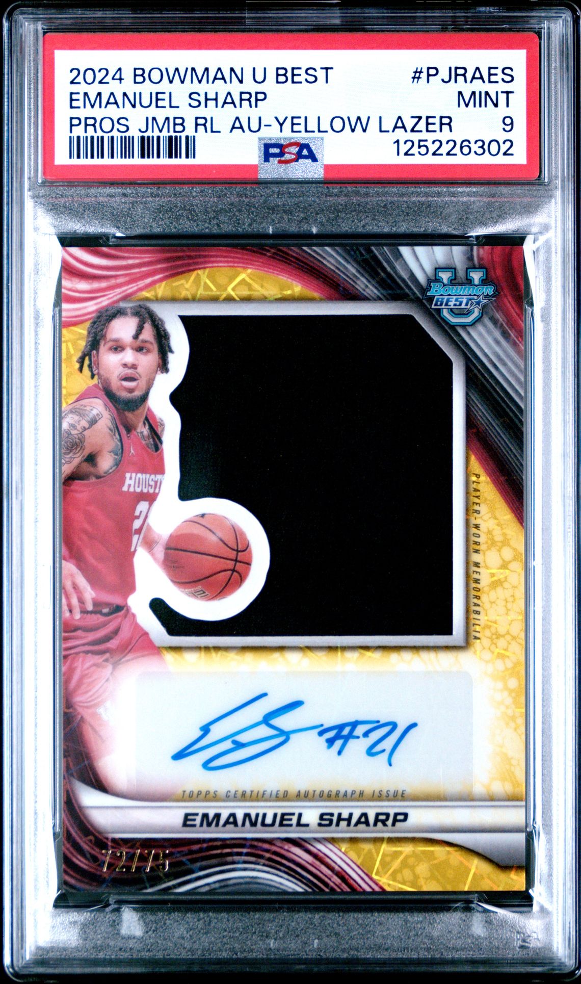 2024 Bowman University Best Prospect Jumbo Relic Autographs Emanuel Sharp #Pjraes (Pros Jmb Rl Au-Yellow Lazer) Mint 9 front